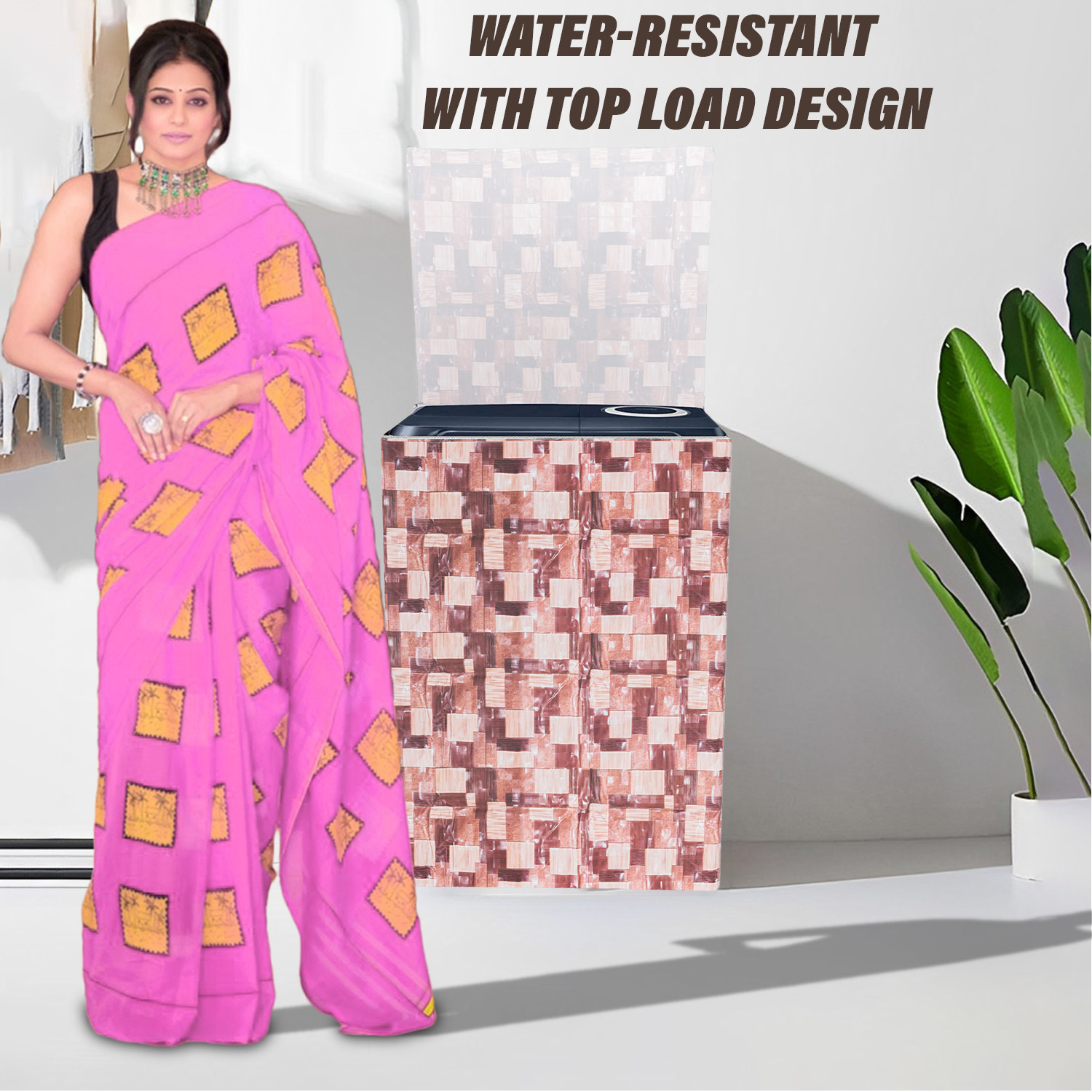 Kuber Industries Washing Machine Cover | Brick New Check Design Washing Machine Cover | PVC Top Load Semi-Automatic Washing Machine Cover | Brown