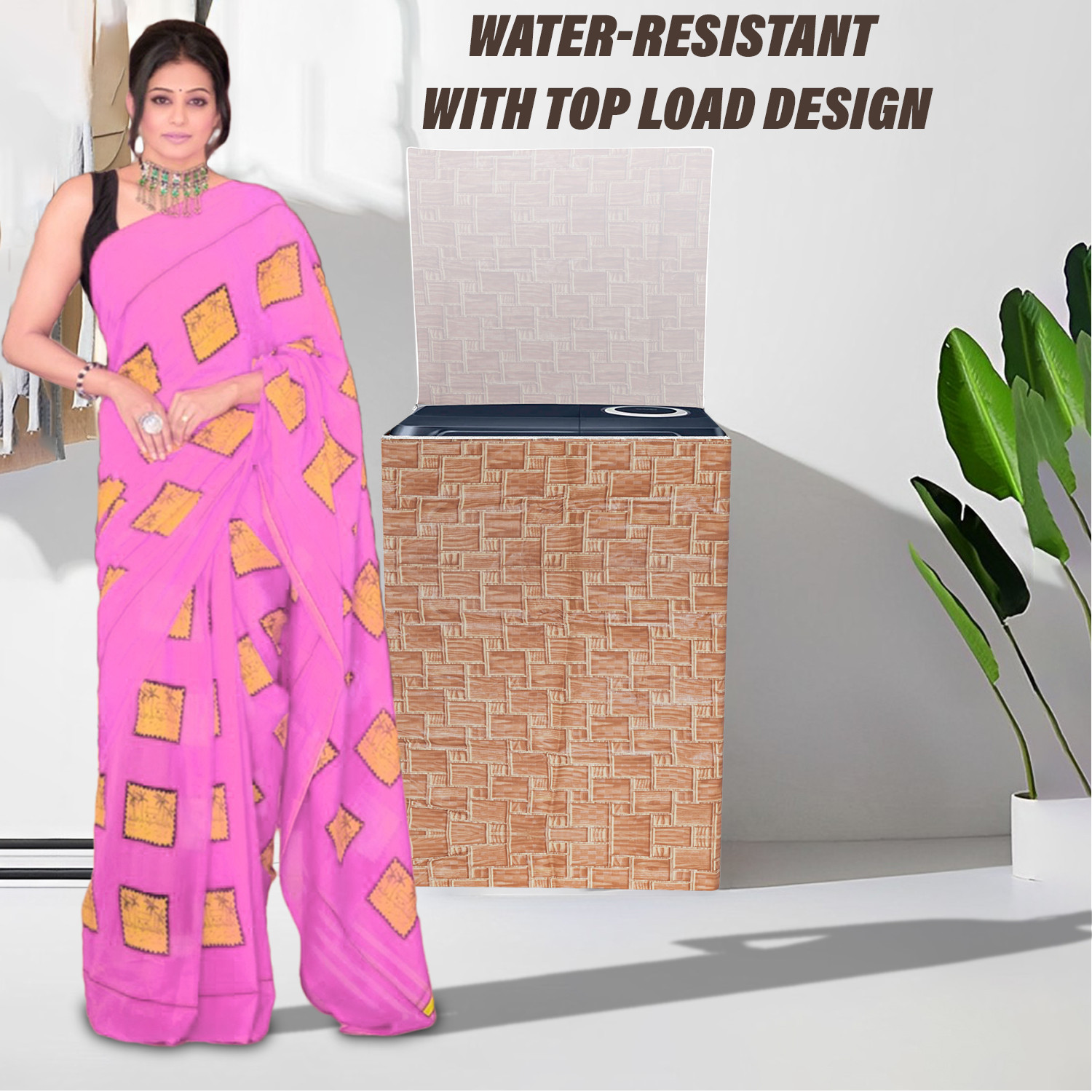 Kuber Industries Washing Machine Cover | Brick New Check Design Washing Machine Cover | PVC Top Load Semi-Automatic Washing Machine Cover | Golden