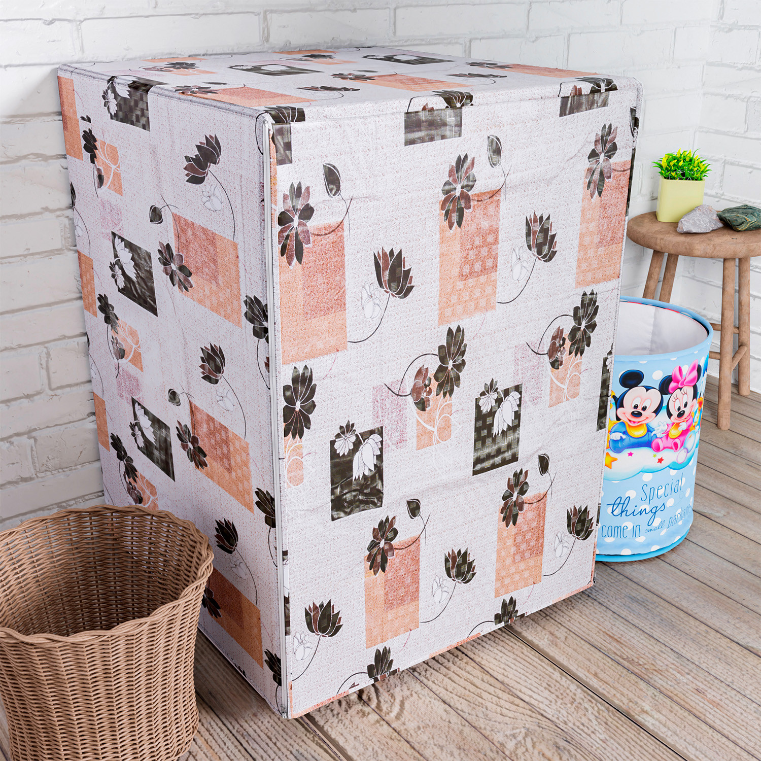 Kuber Industries Washing Machine Cover | Brown Flower Print Washing Machine Cover | PVC Front Load Washing Machine Cover | Cream