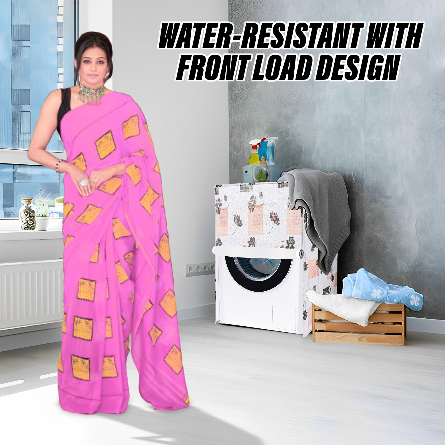Kuber Industries Washing Machine Cover | Brown Flower Print Washing Machine Cover | PVC Front Load Washing Machine Cover | Cream