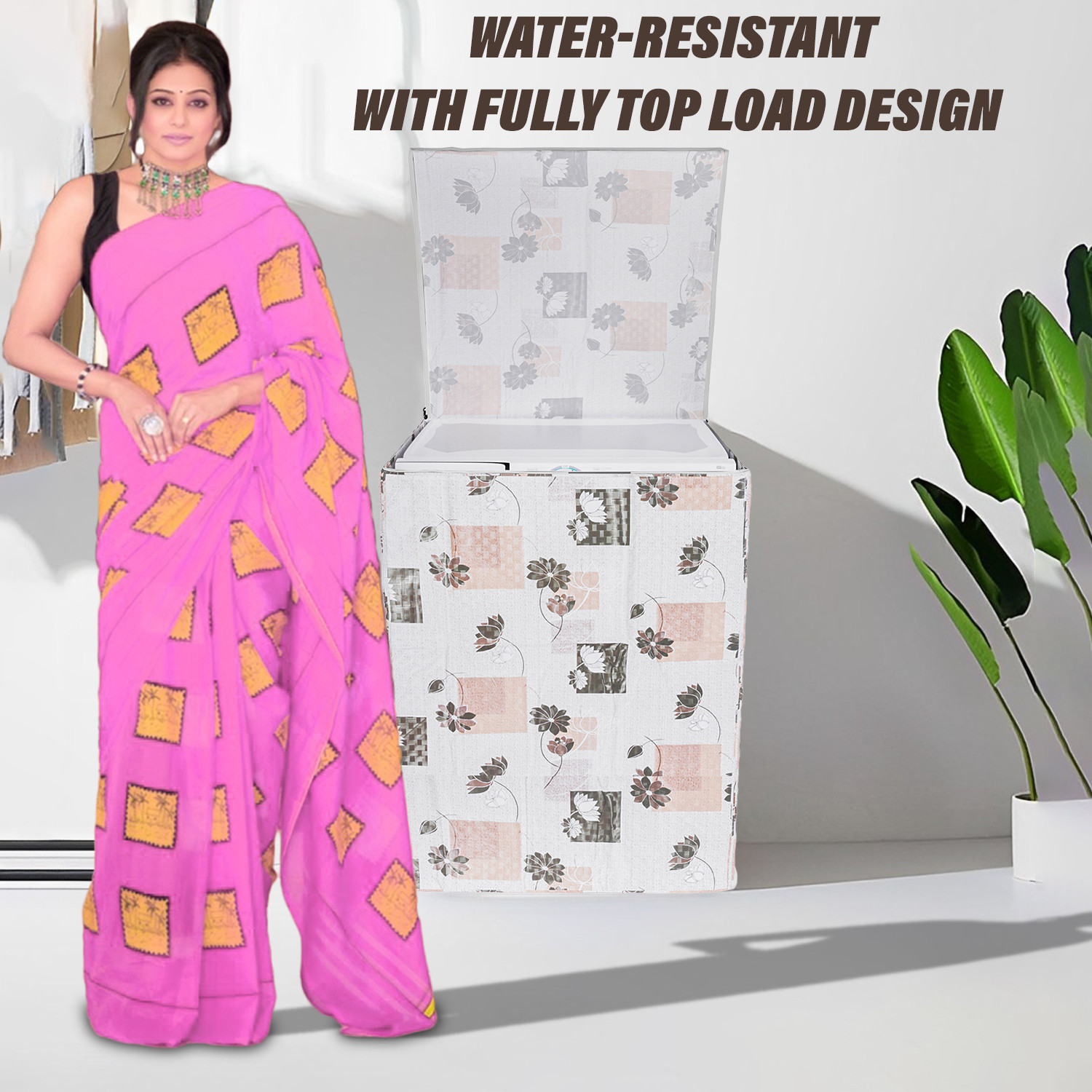 Kuber Industries Washing Machine Cover | Brown Flower Print Washing Machine Cover | PVC Top Load Fully-Automatic Washing Machine Cover | Cream