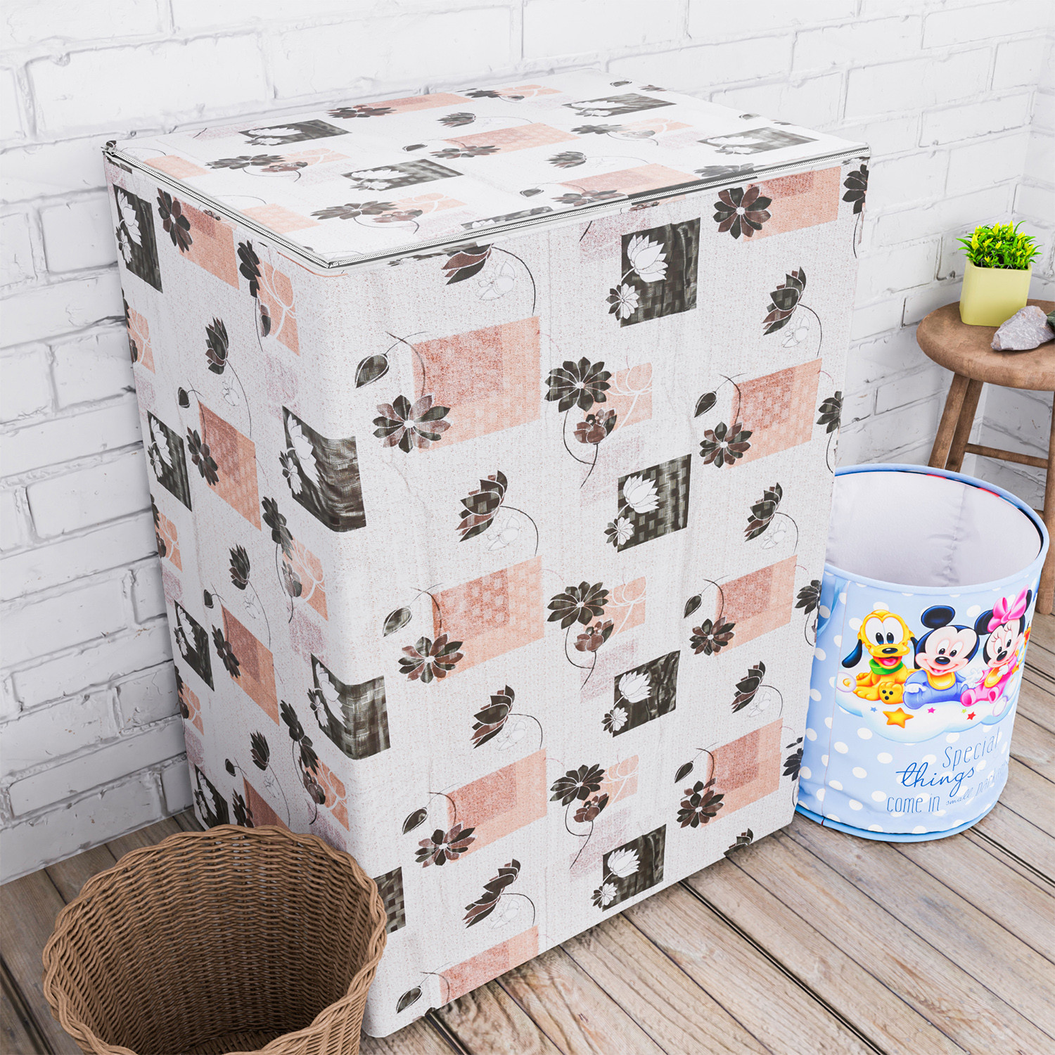 Kuber Industries Washing Machine Cover | Brown Flower Print Washing Machine Cover | PVC Top Load Semi-Automatic Washing Machine Cover | Cream