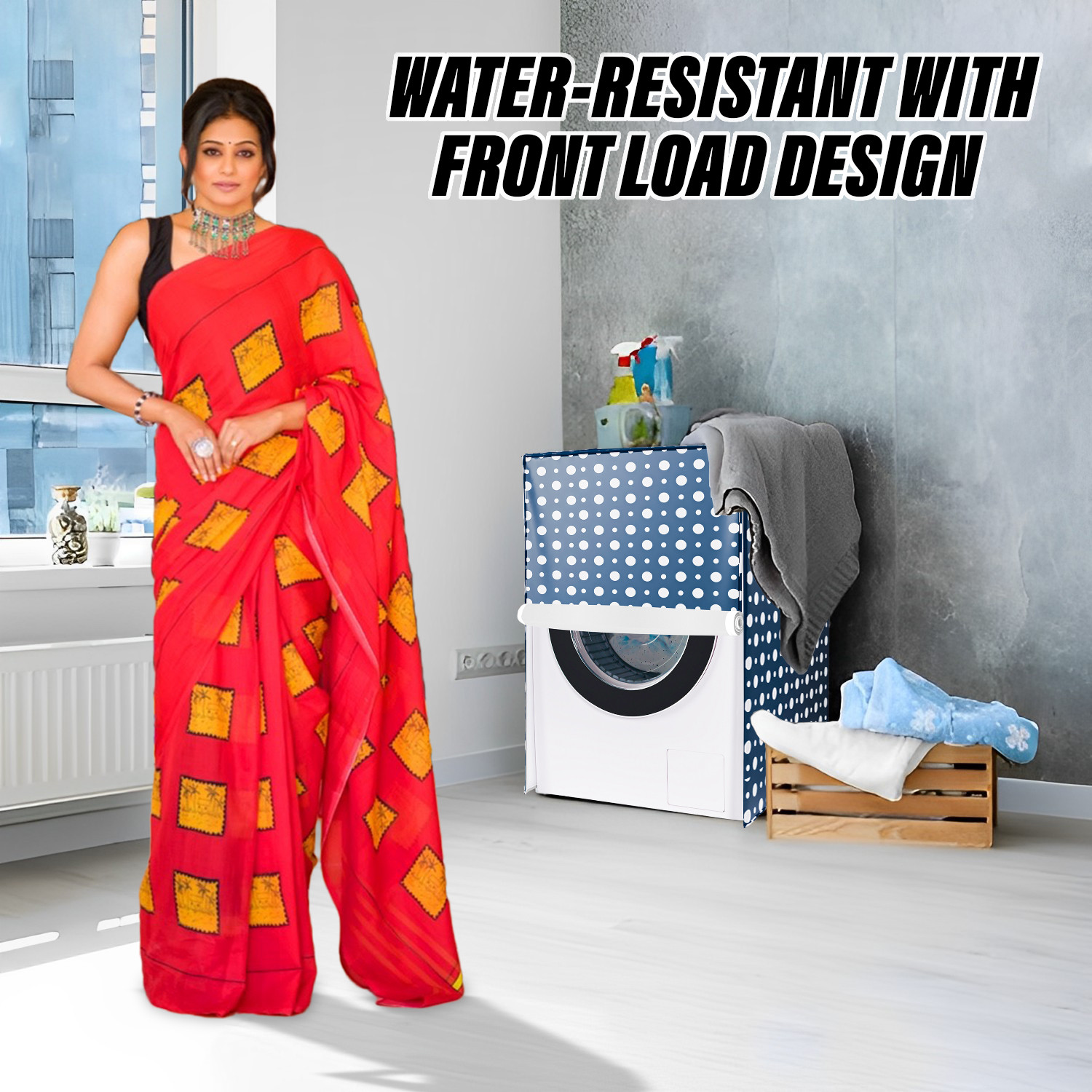 Kuber Industries Washing Machine Cover | Dot Print Washing Machine Cover | PVC | Front Load Washing Machine Cover | Blue