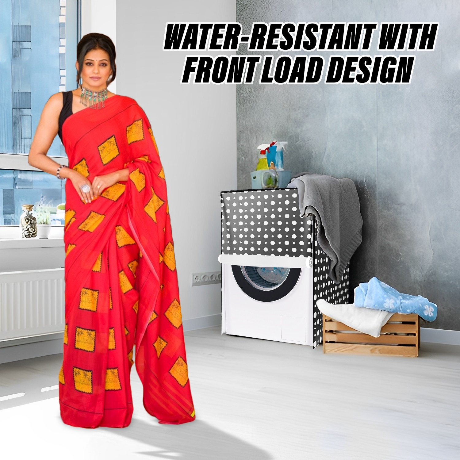 Kuber Industries Washing Machine Cover | Dot Print Washing Machine Cover | PVC | Front Load Washing Machine Cover | Black