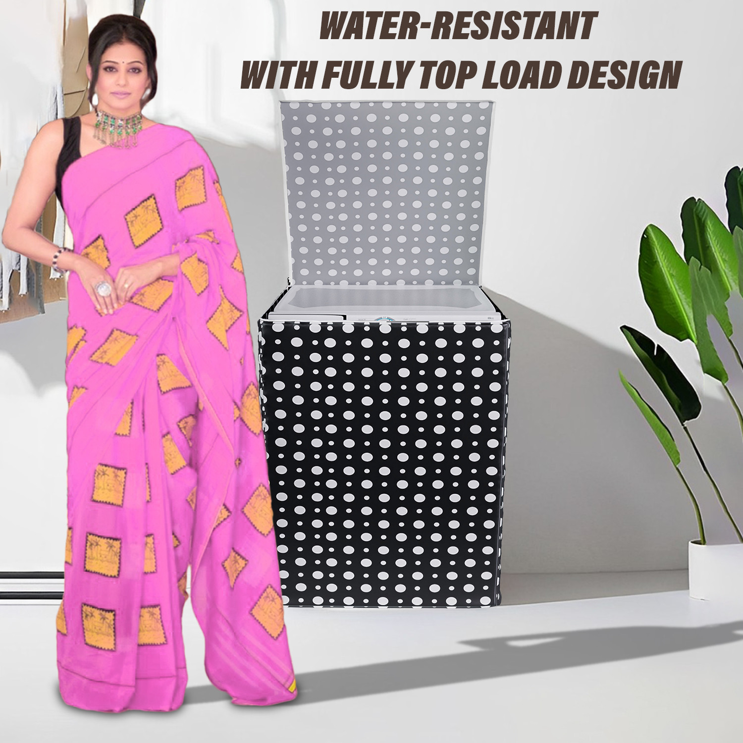 Kuber Industries Washing Machine Cover | Dot Print Washing Machine Cover | PVC | Top Load Fully-Automatic Washing Machine Cover | Black