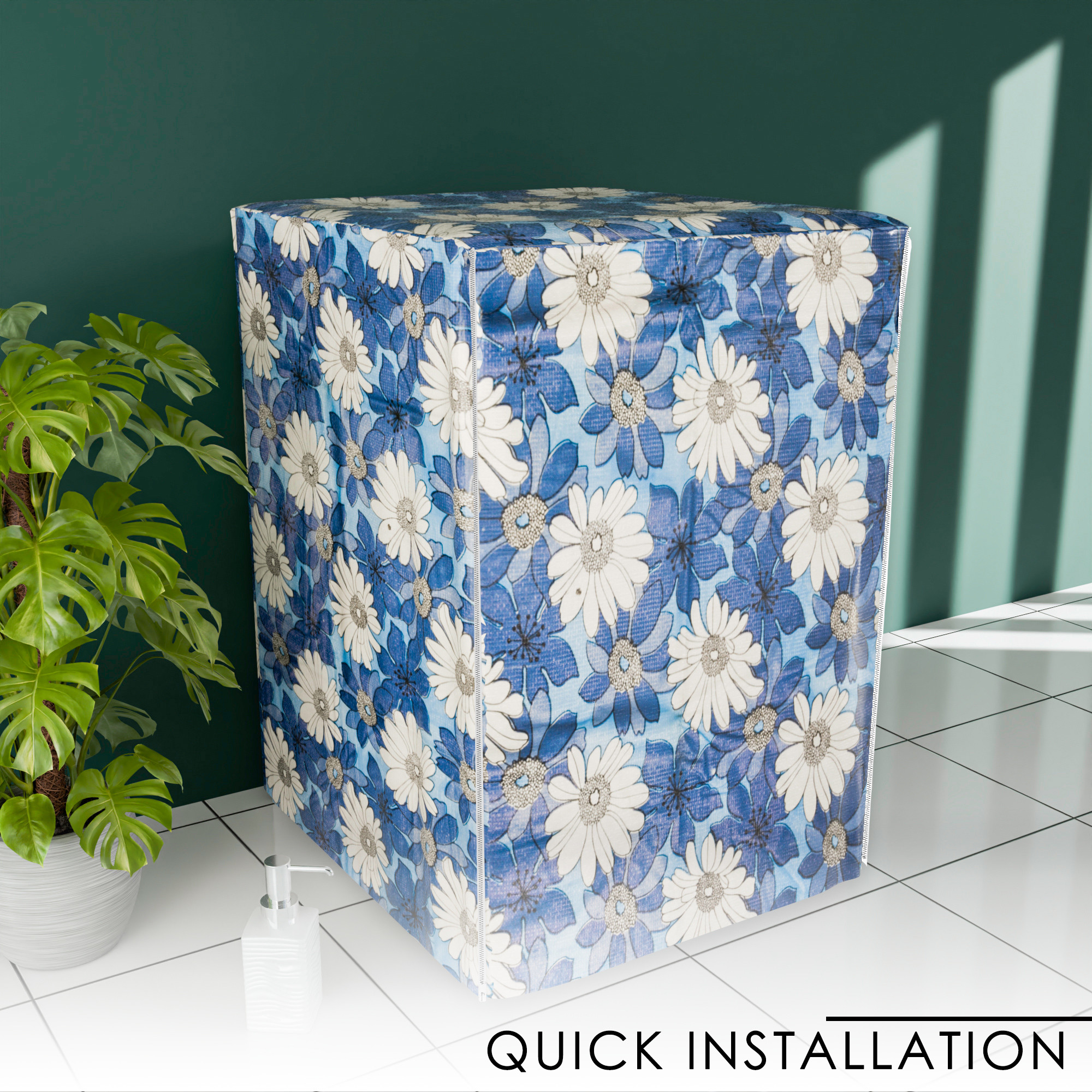 Kuber Industries Washing Machine Cover  Front Load Washer Covers  Zipper  Ideal For 6 kg 65 kg 7 kg  75 kg  Waterproof  Dust-Proof Machine Cover  White Sunflower  Blue