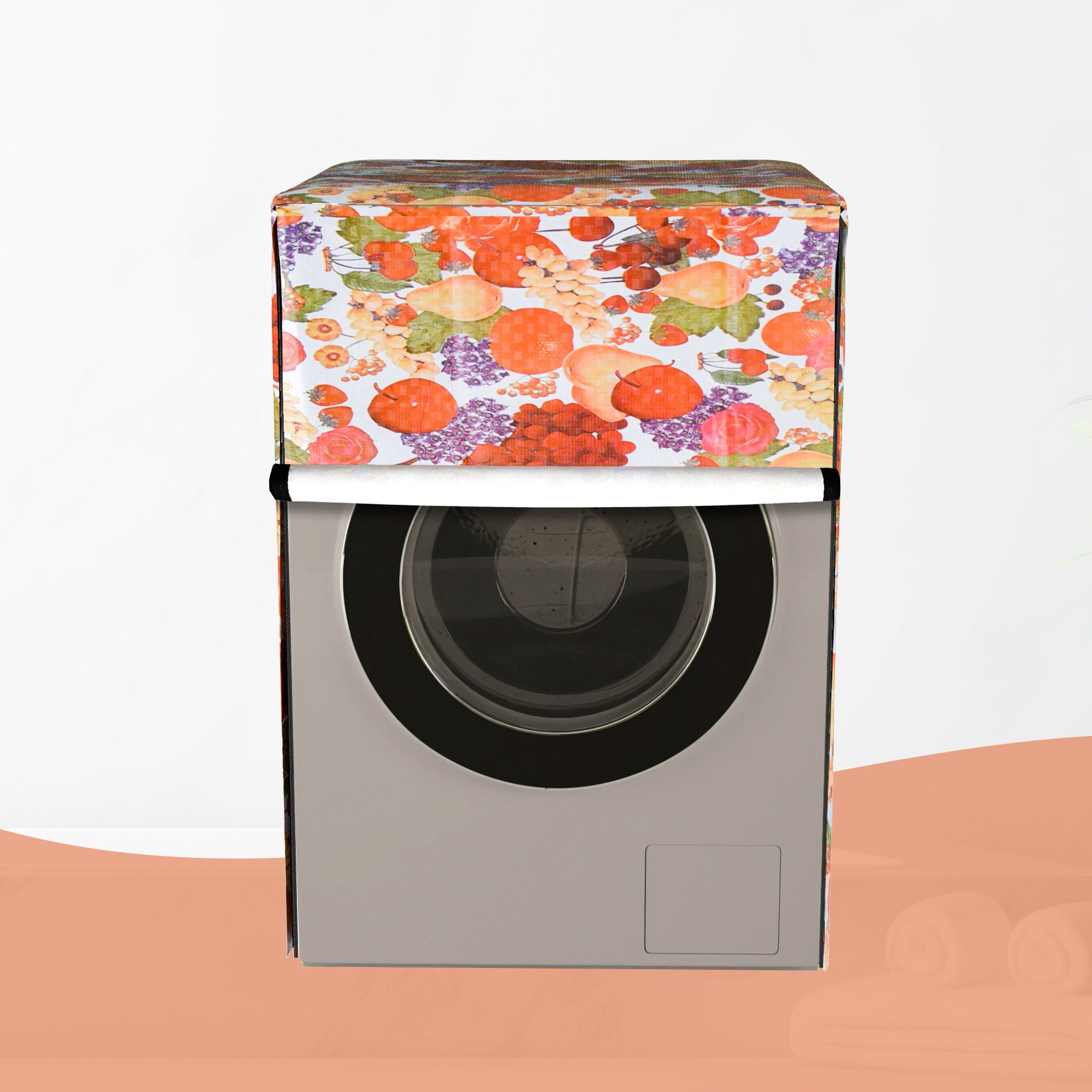 Kuber Industries Washing Machine Cover  Front Load Washer Covers  Zipper  Ideal For 6 kg 65 kg 7 kg  75 kg  Waterproof  Dust-Proof Machine Cover  Fruit Print  White
