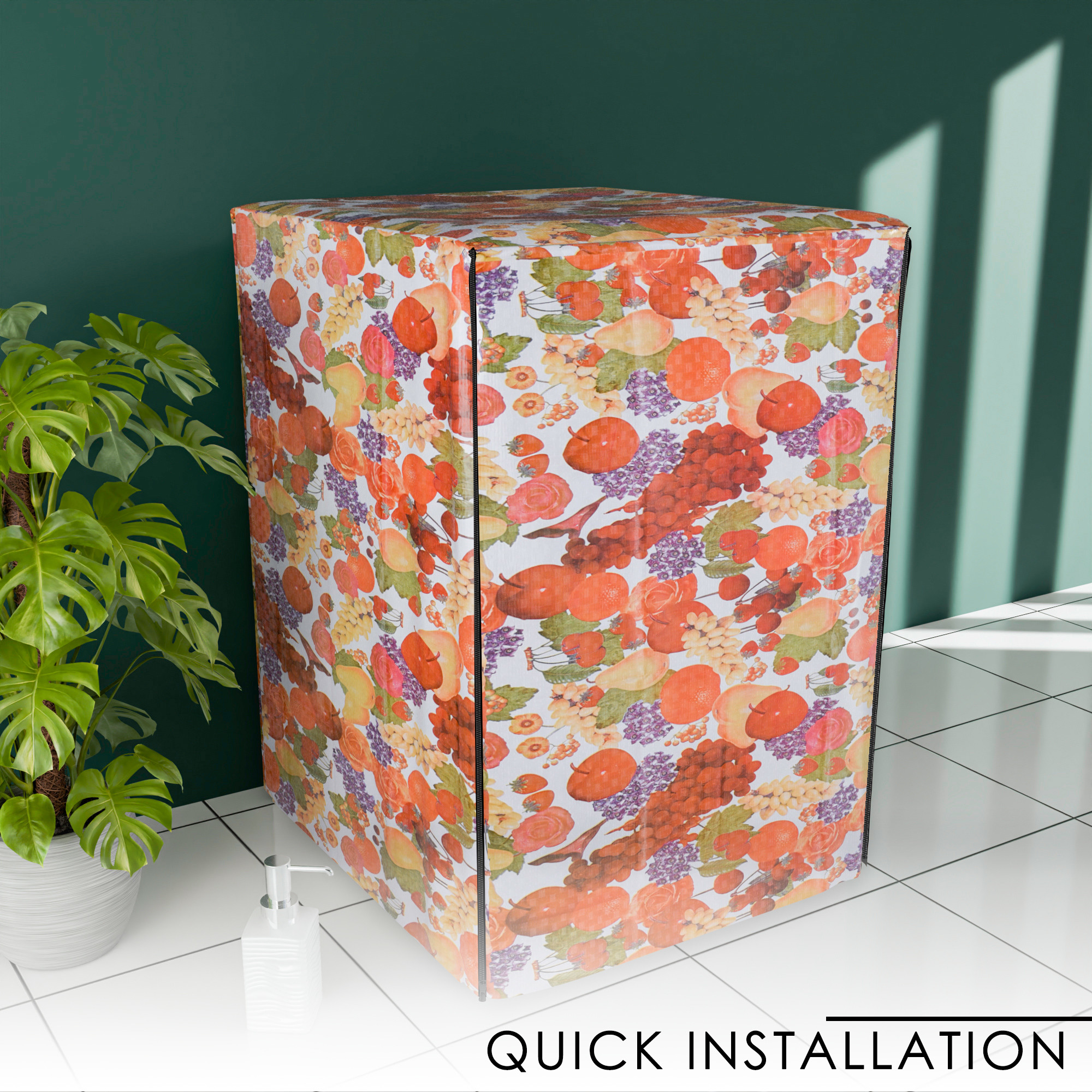 Kuber Industries Washing Machine Cover  Front Load Washer Covers  Zipper  Ideal For 6 kg 65 kg 7 kg  75 kg  Waterproof  Dust-Proof Machine Cover  Fruit Print  White