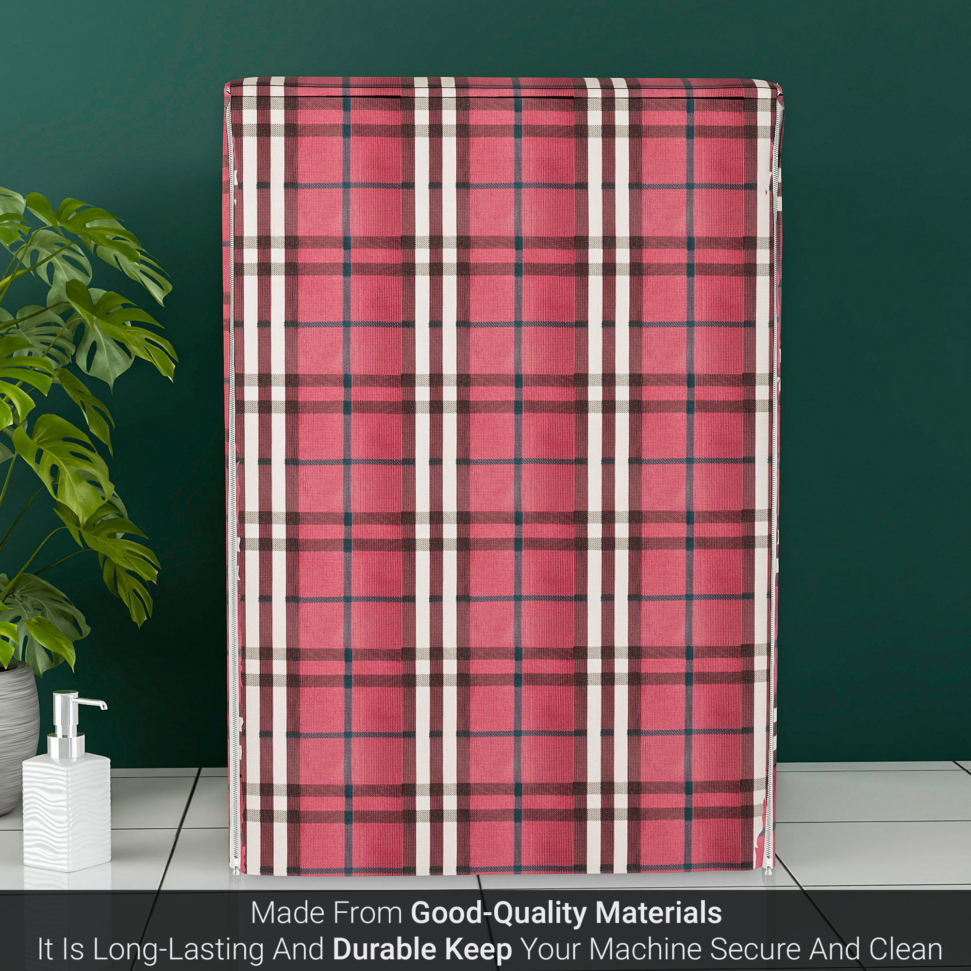 Kuber Industries Washing Machine Cover  Front Load Washer Covers  Zipper  Ideal For 6 kg 65 kg 7 kg  75 kg  Waterproof  Dust-Proof Machine Cover  Bada Check  Maroon