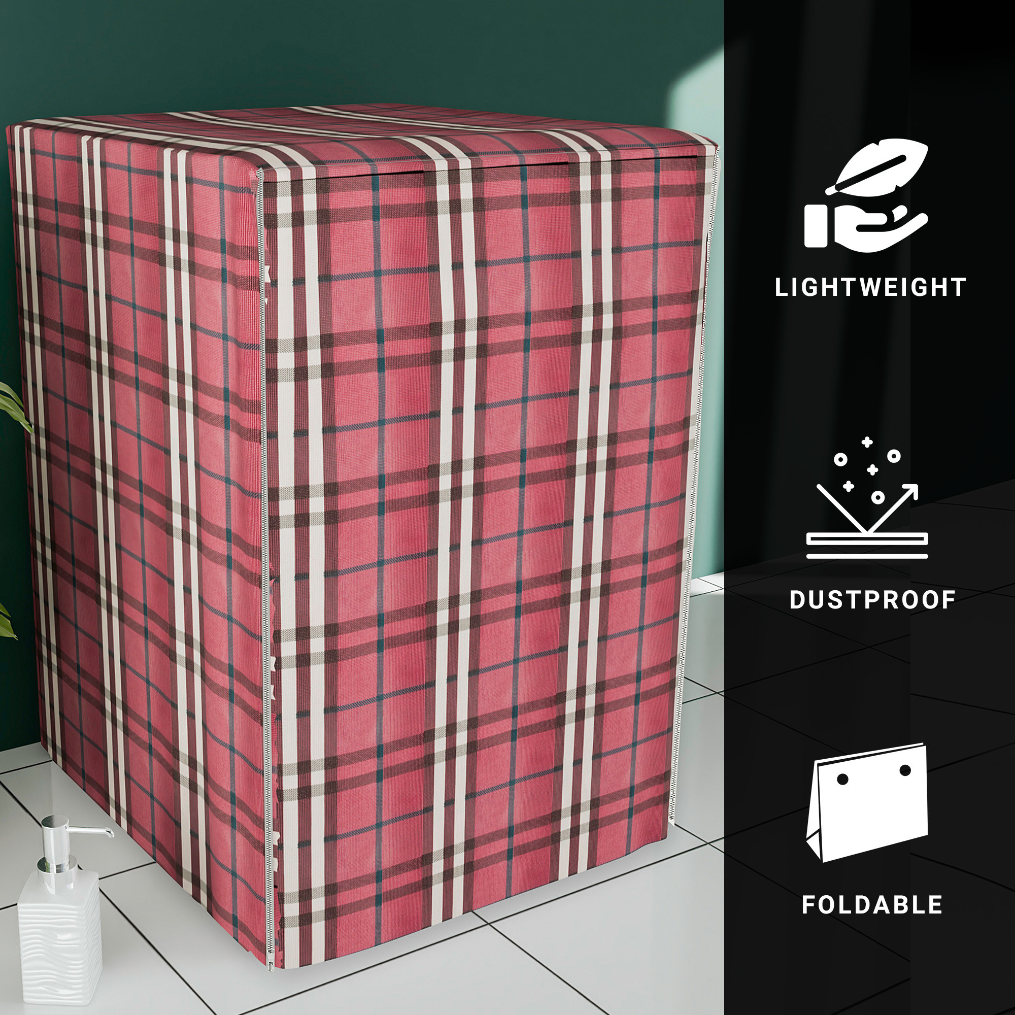 Kuber Industries Washing Machine Cover  Front Load Washer Covers  Zipper  Ideal For 6 kg 65 kg 7 kg  75 kg  Waterproof  Dust-Proof Machine Cover  Bada Check  Maroon