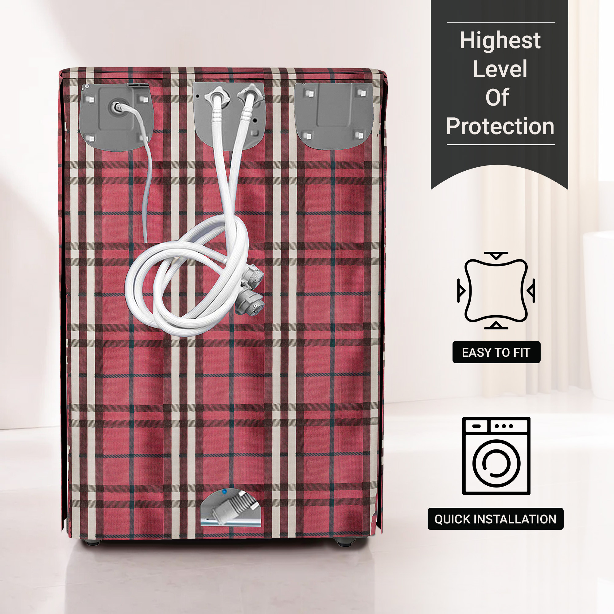 Kuber Industries Washing Machine Cover  Front Load Washer Covers  Zipper  Ideal For 6 kg 65 kg 7 kg  75 kg  Waterproof  Dust-Proof Machine Cover  Bada Check  Maroon