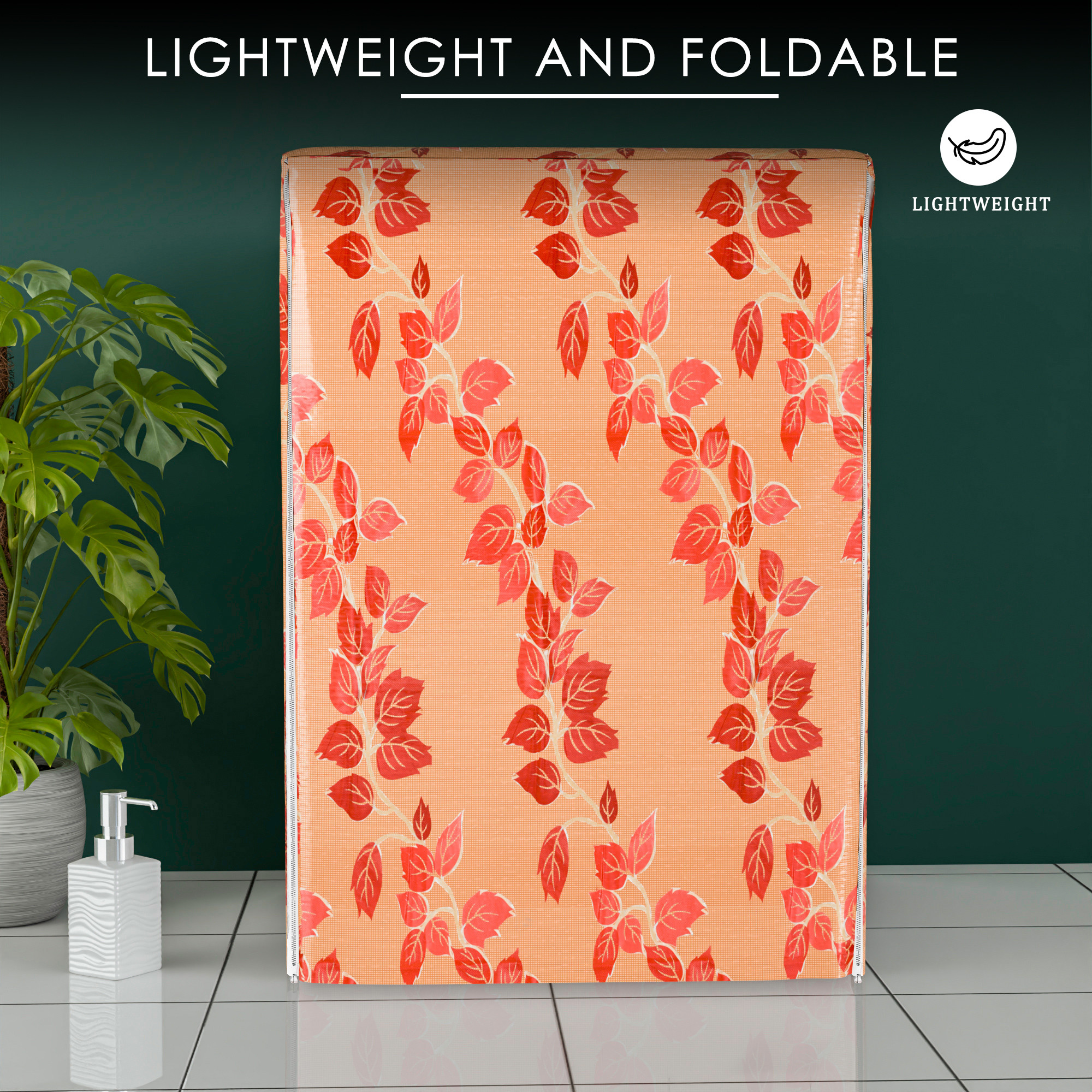 Kuber Industries Washing Machine Cover  Front Load Washer Covers  Zipper  Ideal For 6 kg 65 kg 7 kg  75 kg  Waterproof  Dust-Proof Machine Cover  Leaf Print  Red