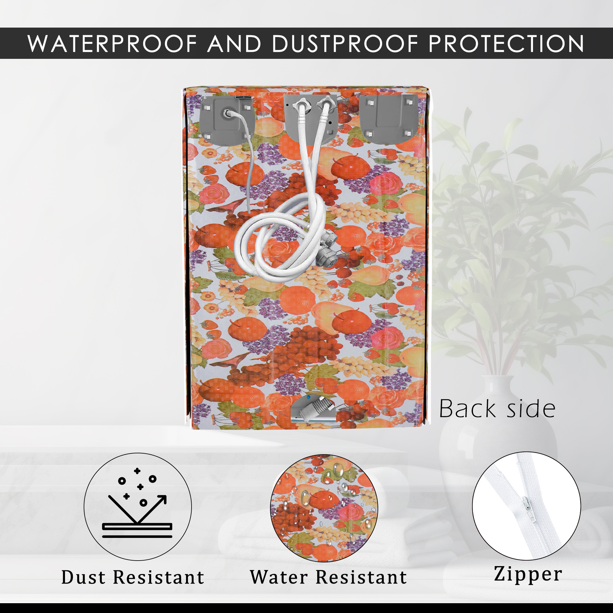 Kuber Industries Washing Machine Cover  Front Load Washer Covers  Zipper  Ideal For 6 kg 65 kg 7 kg  75 kg  Waterproof  Dust-Proof Machine Cover  Fruit Print  White
