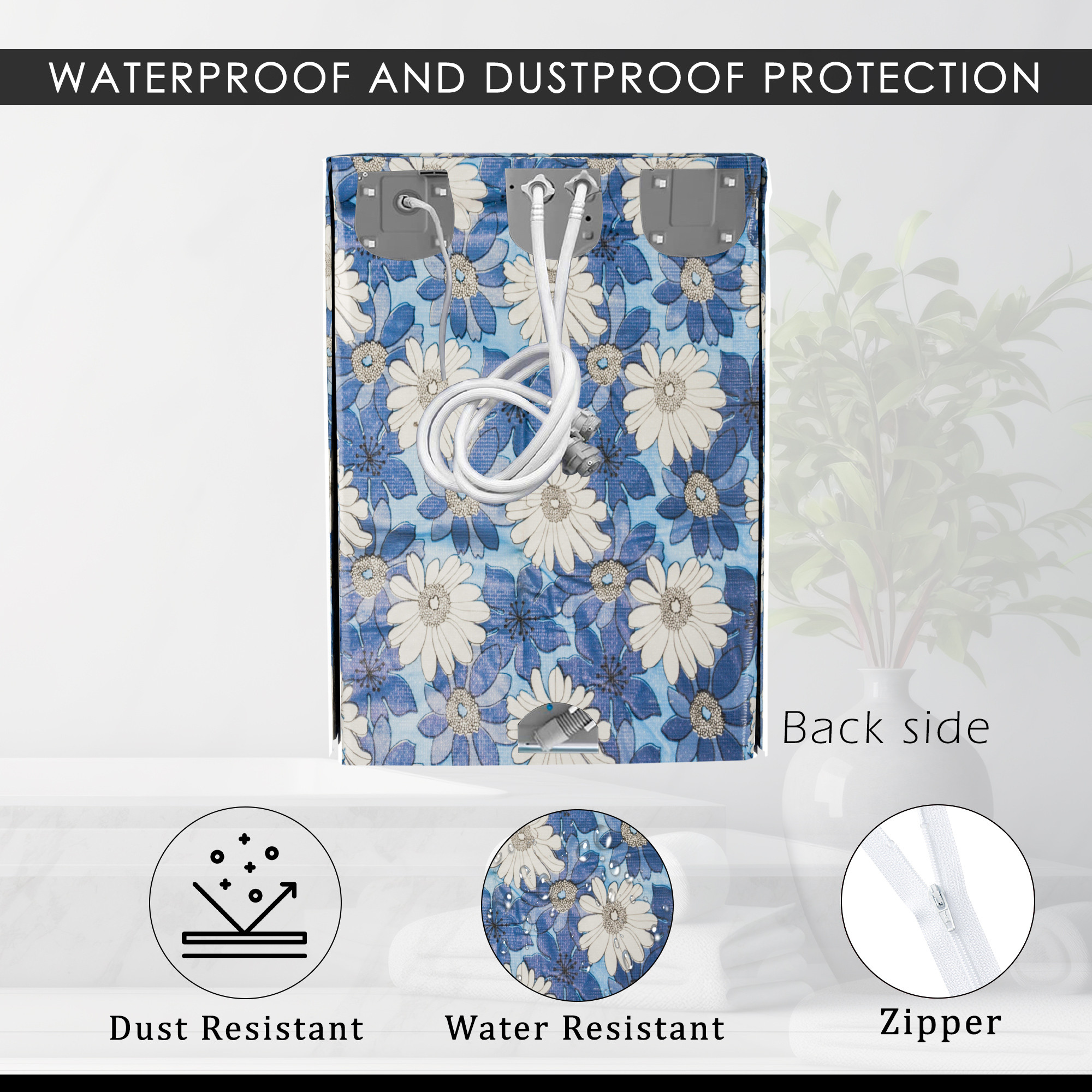 Kuber Industries Washing Machine Cover  Front Load Washer Covers  Zipper  Ideal For 6 kg 65 kg 7 kg  75 kg  Waterproof  Dust-Proof Machine Cover  White Sunflower  Blue