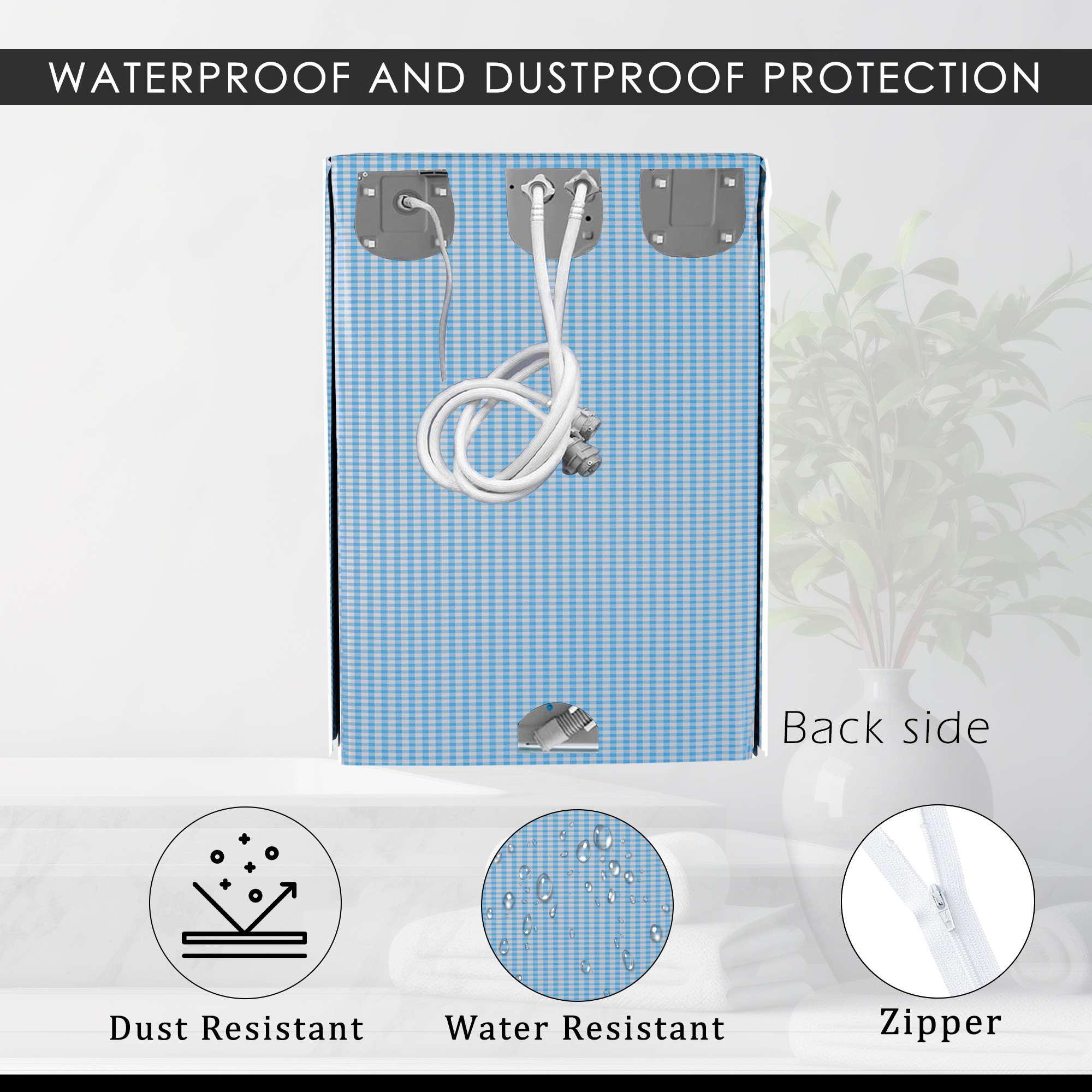 Kuber Industries Washing Machine Cover  Front Load Washer Covers  Zipper  Ideal For 6 kg 65 kg 7 kg  75 kg  Waterproof  Dust-Proof Machine Cover  Barik Check  Blue