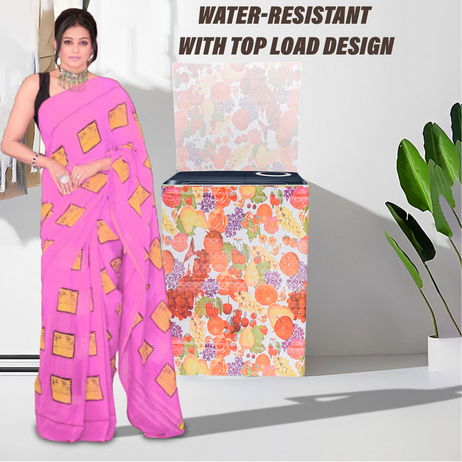 Kuber Industries Washing Machine Cover | Fruit Print Washing Machine Cover | PVC | Top Load Semi-Automatic Washing Machine Cover | Multi