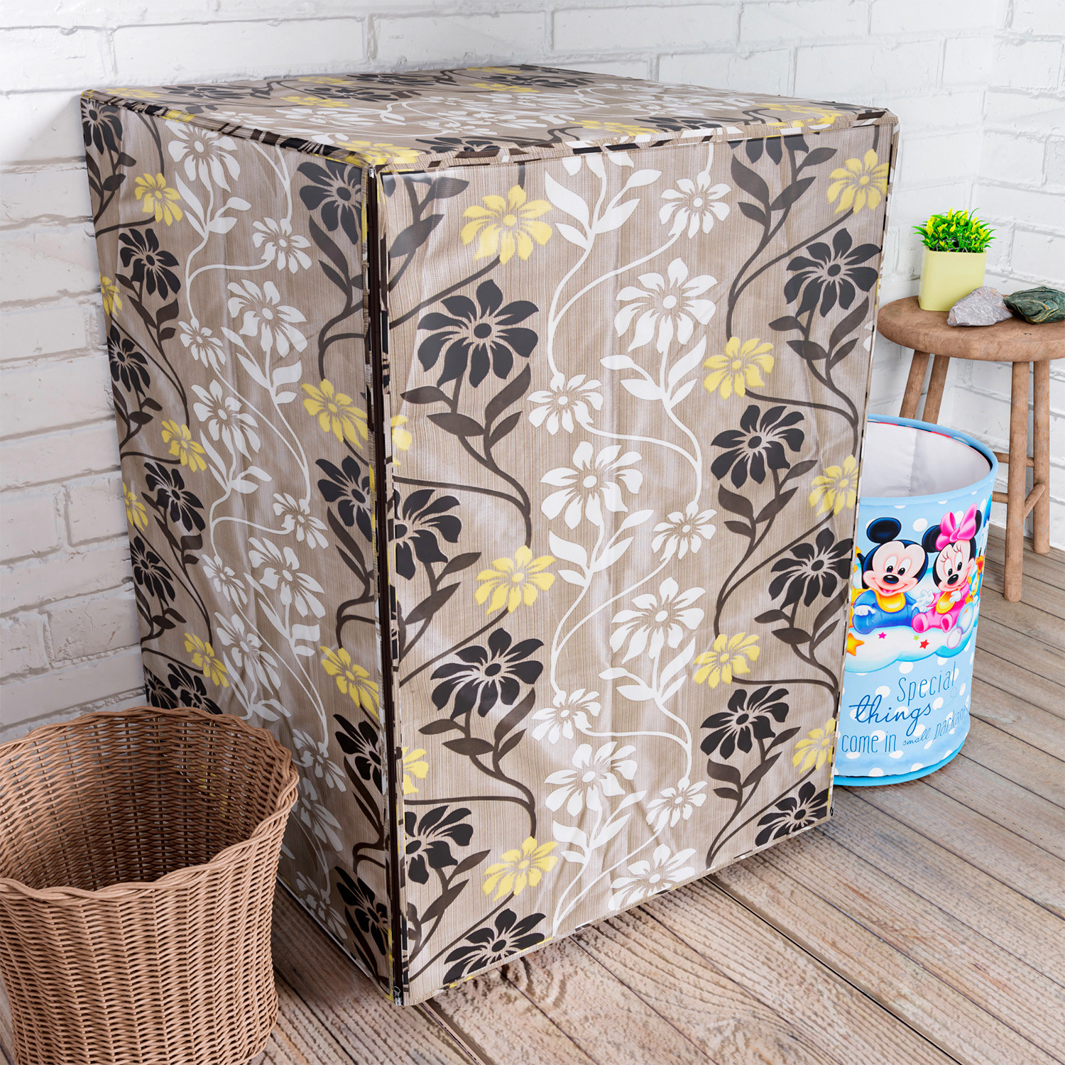Kuber Industries Washing Machine Cover  Golden Flower Print Washing Machine Cover  Knitting Polyester  Front Load Washing Machine Cover  Brown