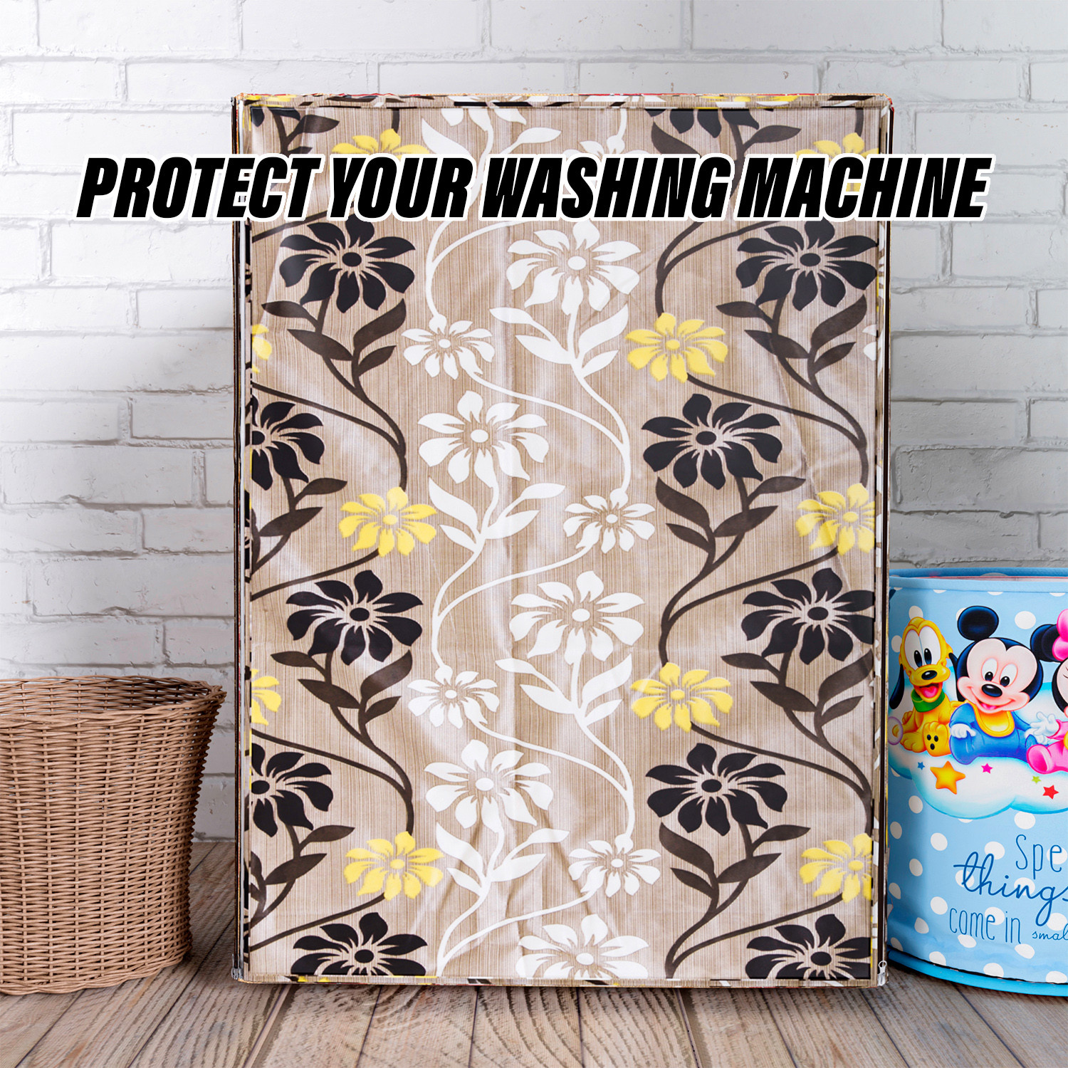 Kuber Industries Washing Machine Cover | Golden Flower Print Washing Machine Cover | Knitting Polyester | Front Load Washing Machine Cover | Brown