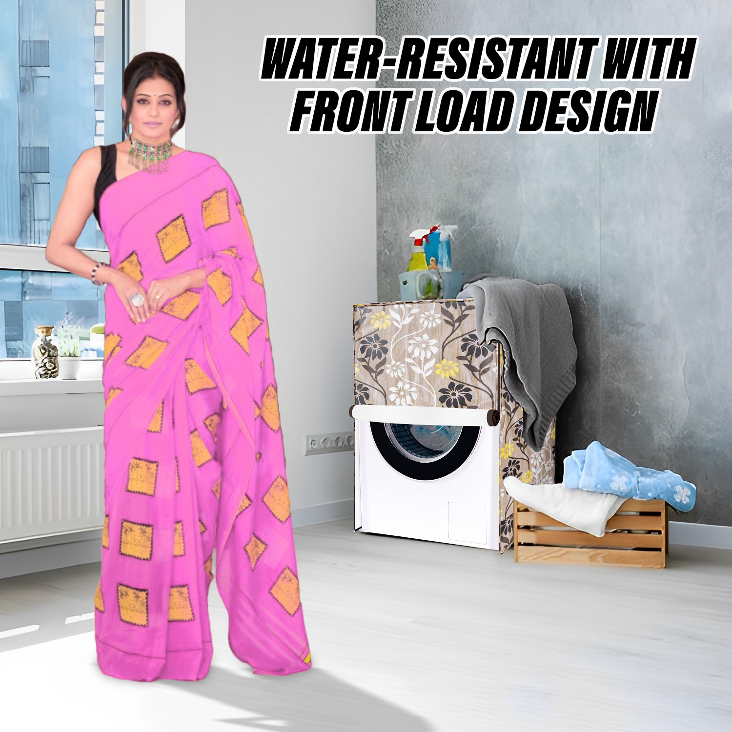 Kuber Industries Washing Machine Cover | Golden Flower Print Washing Machine Cover | Knitting Polyester | Front Load Washing Machine Cover | Brown