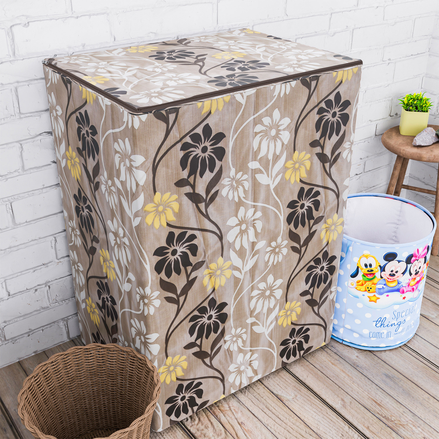 Kuber Industries Washing Machine Cover | Golden Flower Print Washing Machine Cover | Knitting Polyester | Top Load Semi-Automatic Washing Machine Cover | Brown