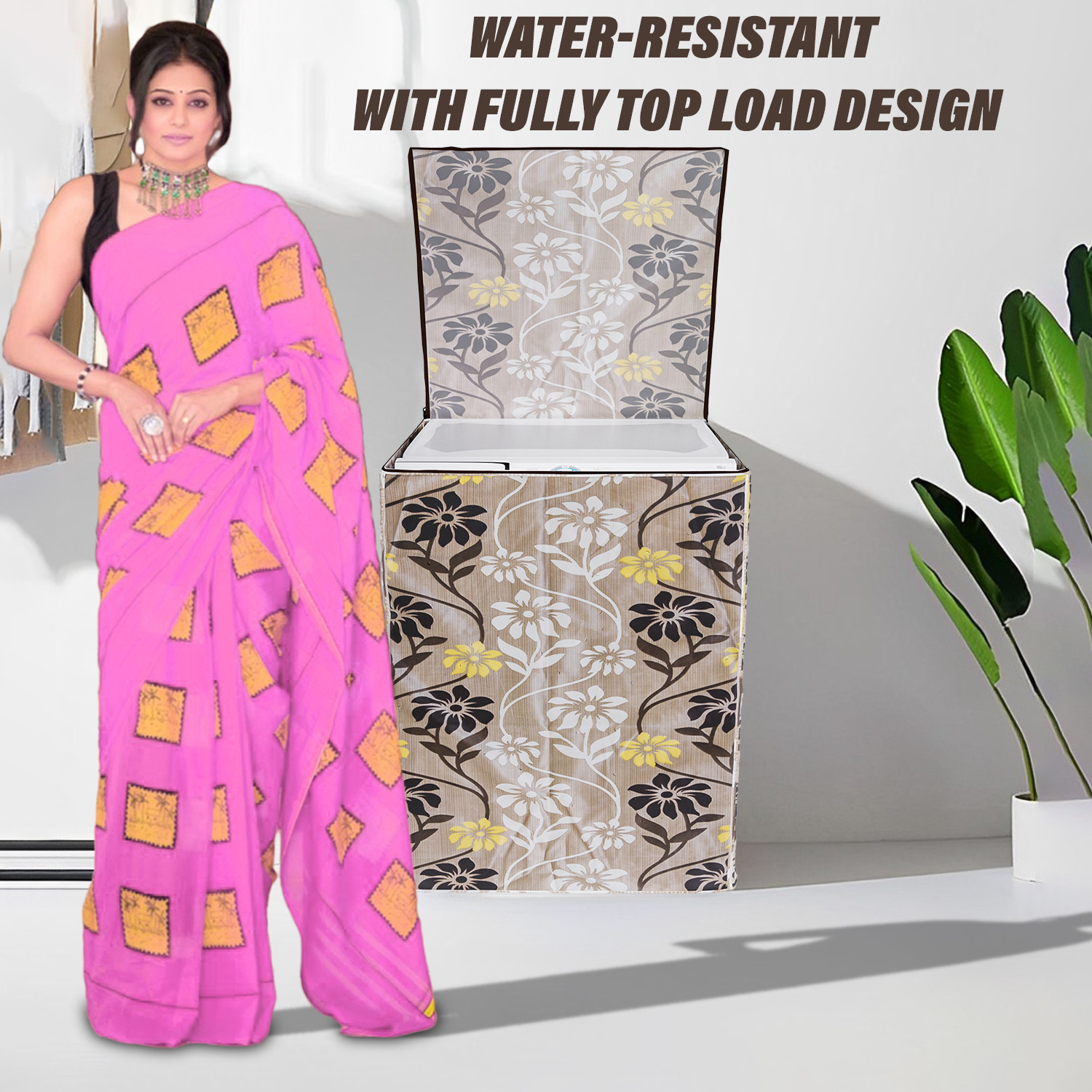 Kuber Industries Washing Machine Cover | Golden Flower Print Washing Machine Cover | Knitting Polyester | Top Load Fully-Automatic Washing Machine Cover | Brown