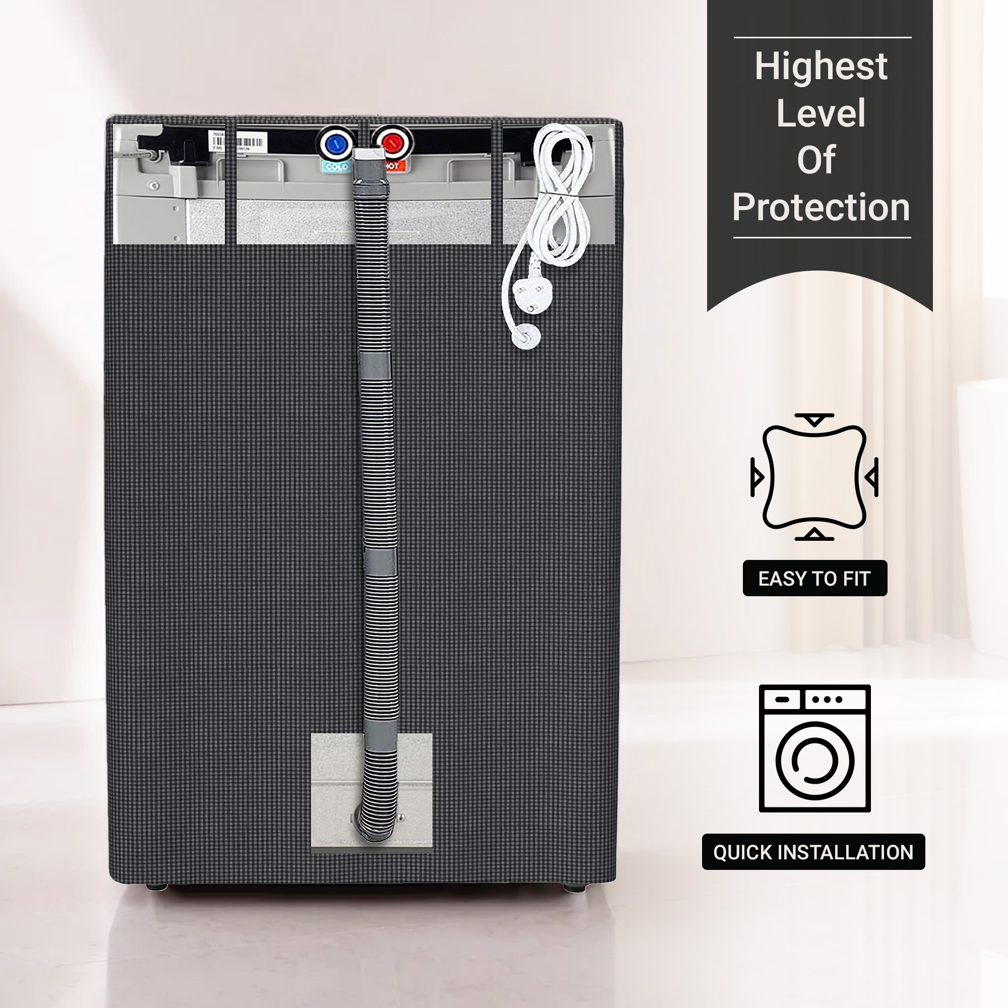 Kuber Industries Washing Machine Cover  Ideal For 6 kg 65 kg 7 kg  75 kg  Top Load Fully-Automatic Washer Covers  Waterproof  Dust-Proof Machine Cover  Mini Check  Grey
