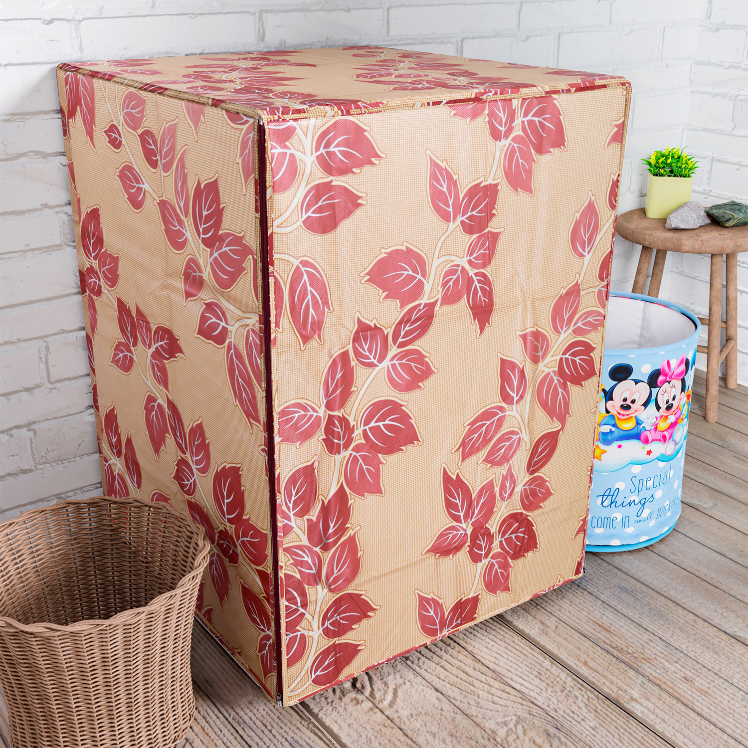 Kuber Industries Washing Machine Cover | Leaf Print Washing Machine Cover | PVC | Front Load Washing Machine Cover | Red