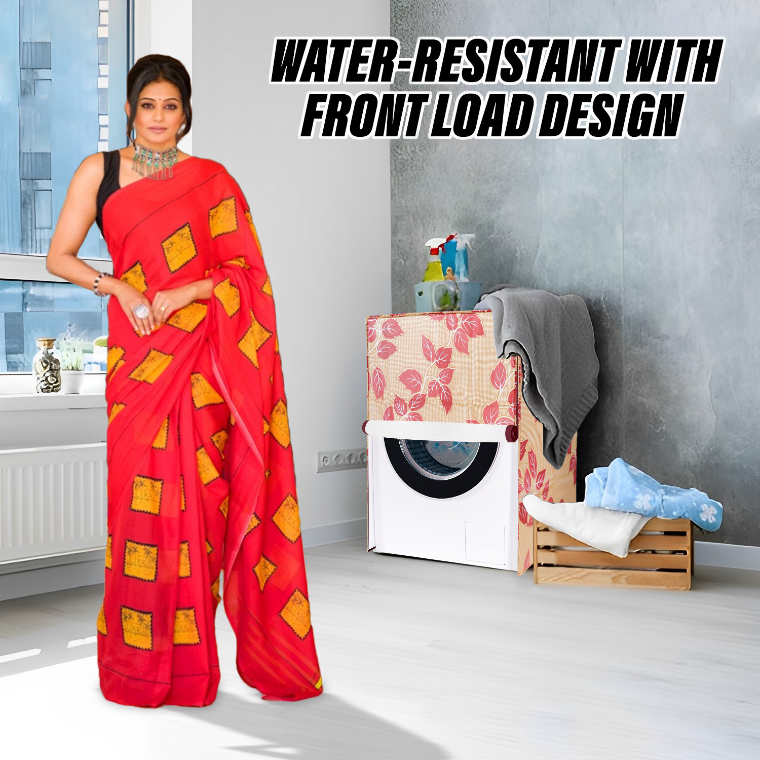 Kuber Industries Washing Machine Cover | Leaf Print Washing Machine Cover | PVC | Front Load Washing Machine Cover | Red