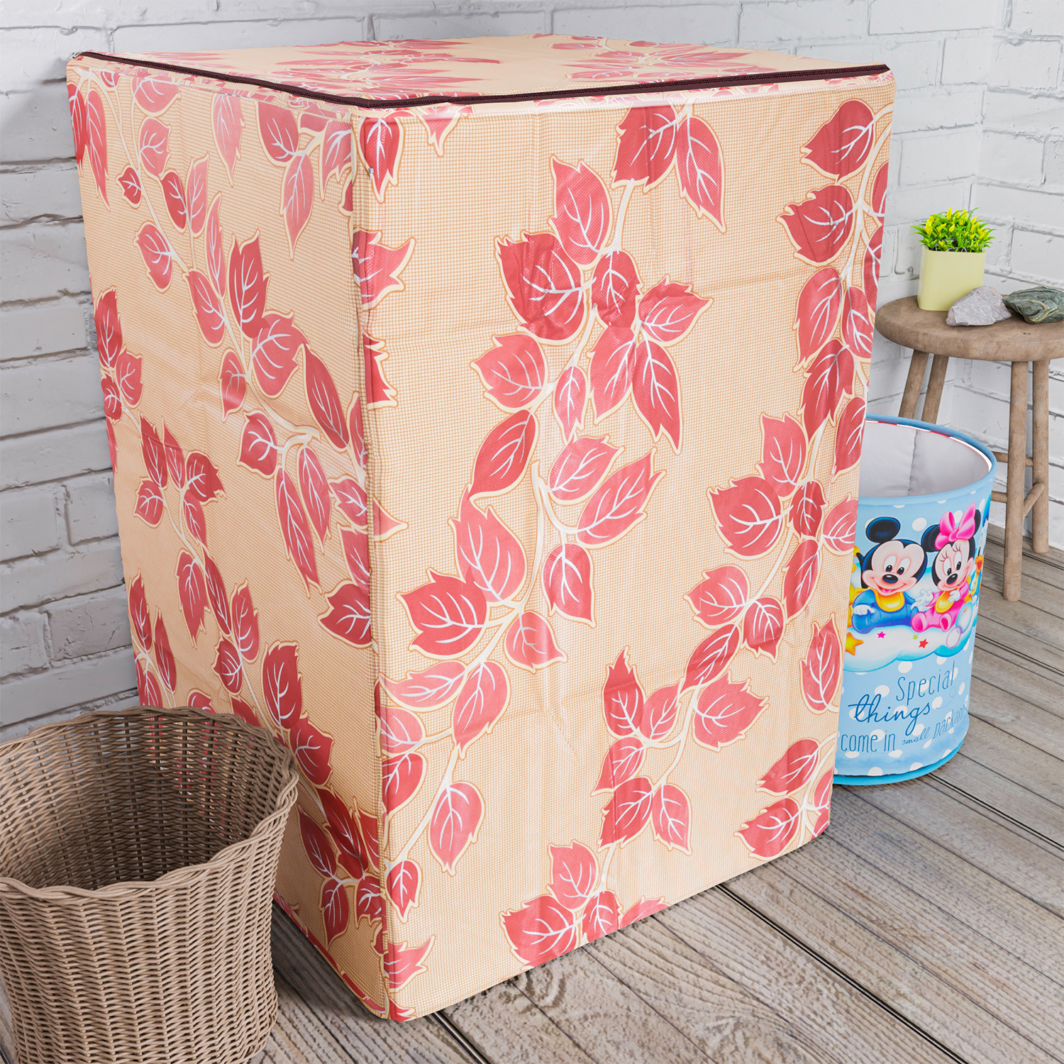Kuber Industries Washing Machine Cover | Leaf Print Washing Machine Cover | PVC | Top Load Fully-Automatic Washing Machine Cover | Red