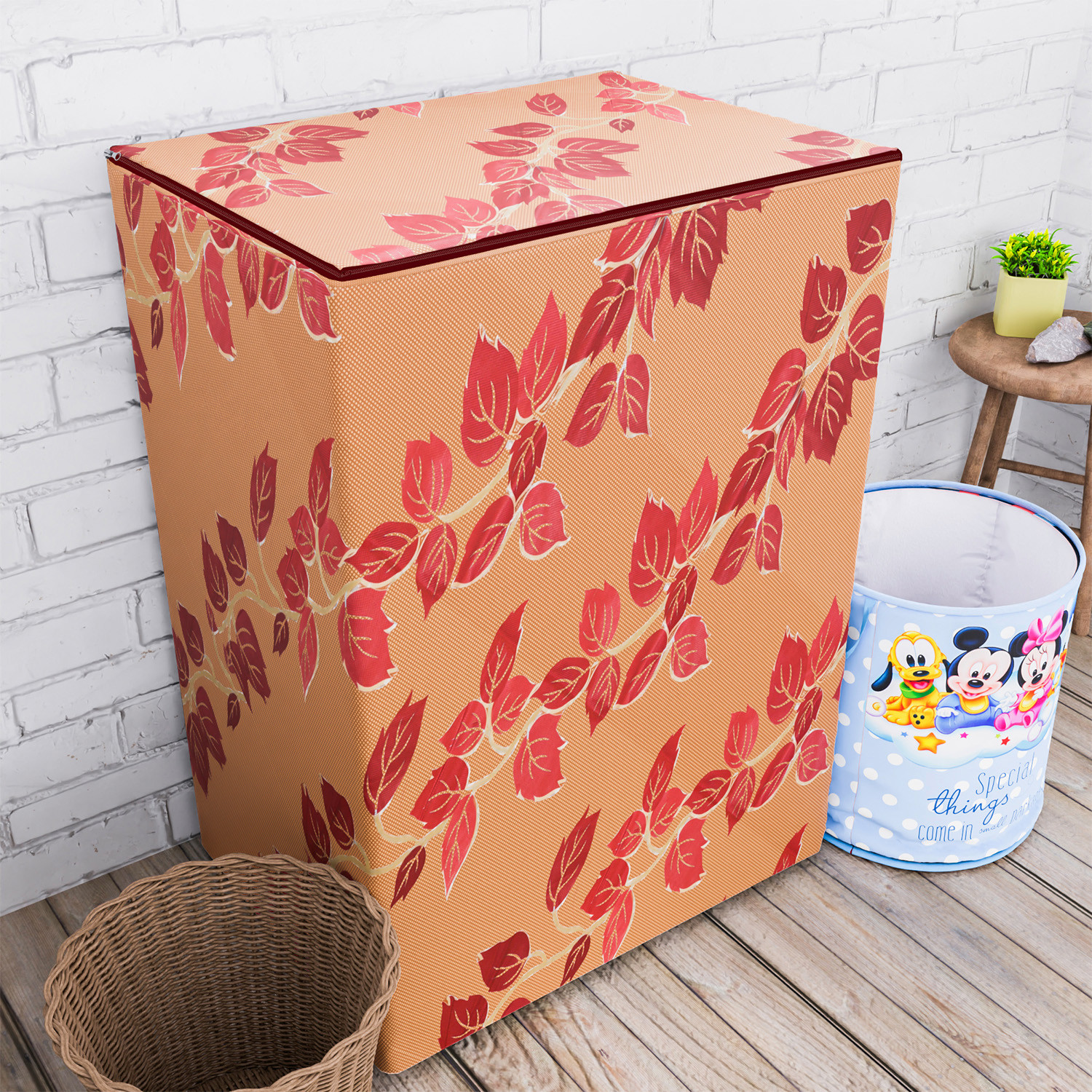 Kuber Industries Washing Machine Cover | Leaf Print Washing Machine Cover | PVC | Top Load Semi-Automatic Washing Machine Cover | Red