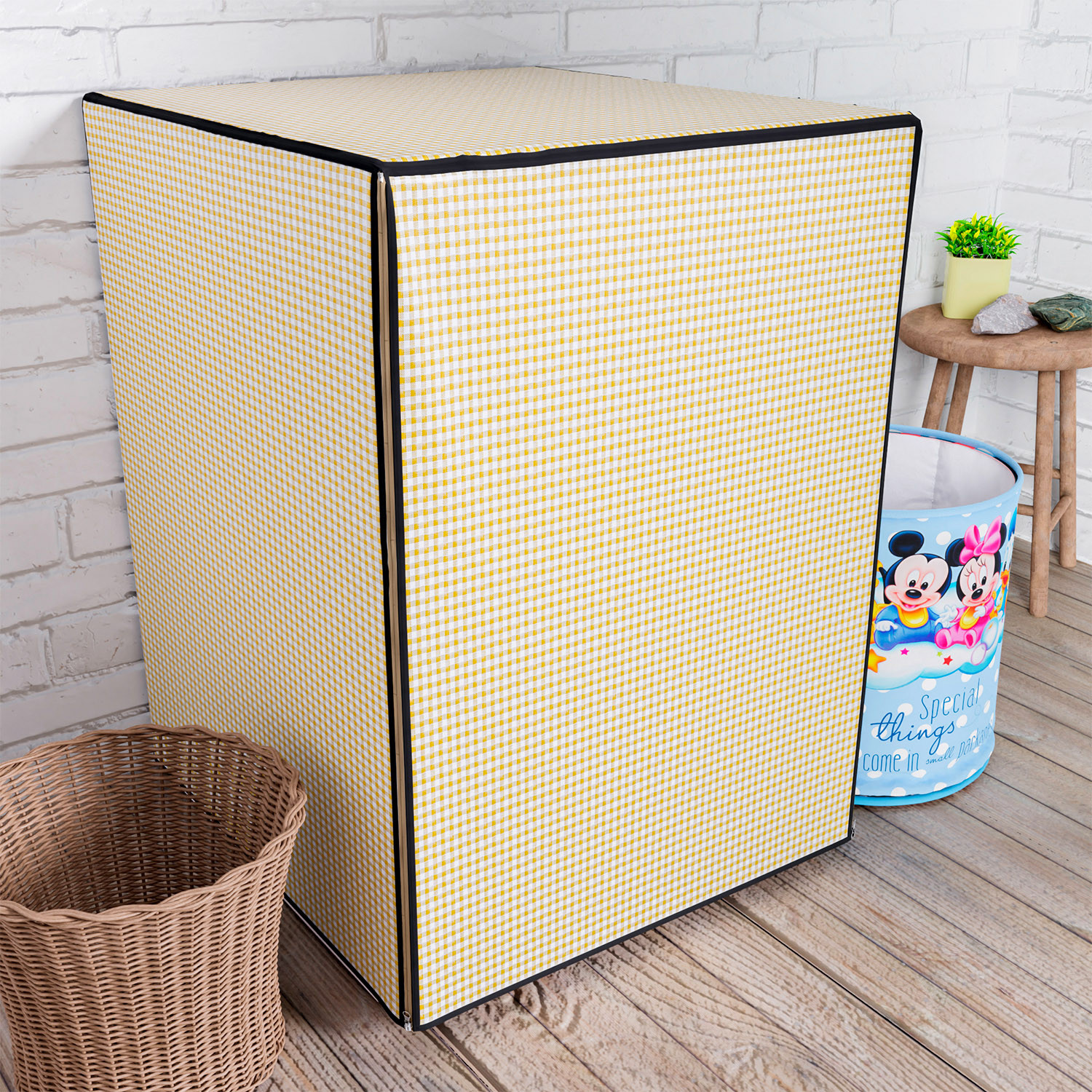 Kuber Industries Washing Machine Cover | Mini Check Print Washing Machine Cover | Soft PVC | Front Load Washing Machine Cover | Golden