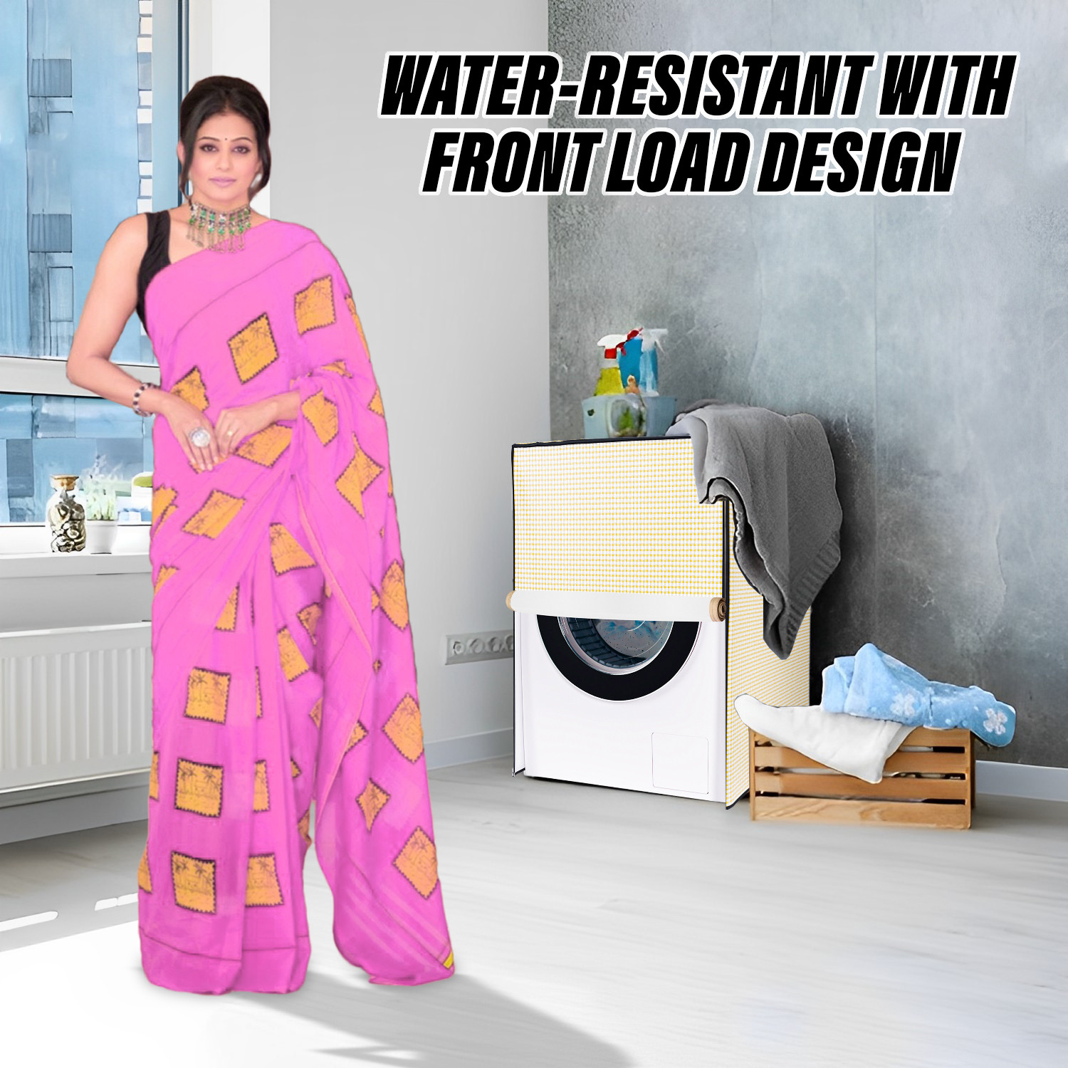 Kuber Industries Washing Machine Cover | Mini Check Print Washing Machine Cover | Soft PVC | Front Load Washing Machine Cover | Golden