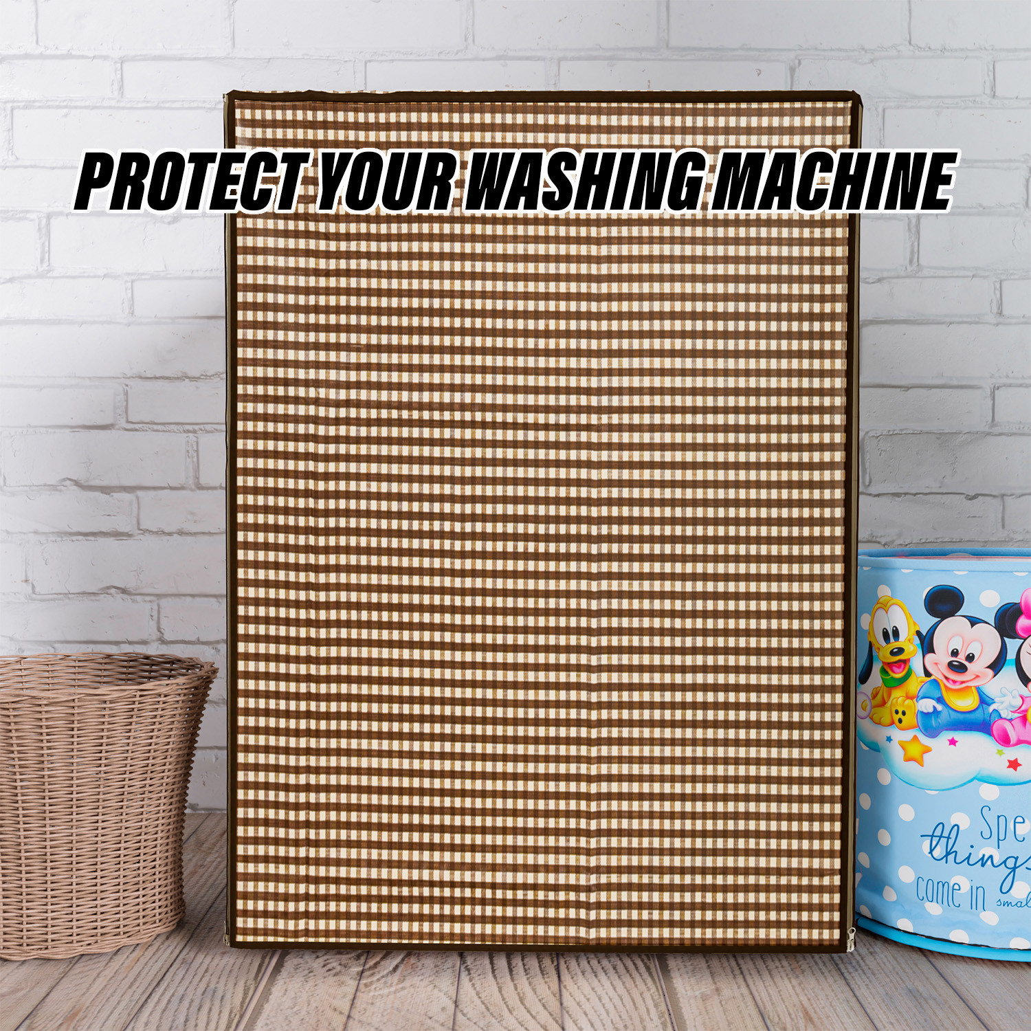 Kuber Industries Washing Machine Cover | Mini Check Print Washing Machine Cover | Soft PVC | Front Load Washing Machine Cover | Brown