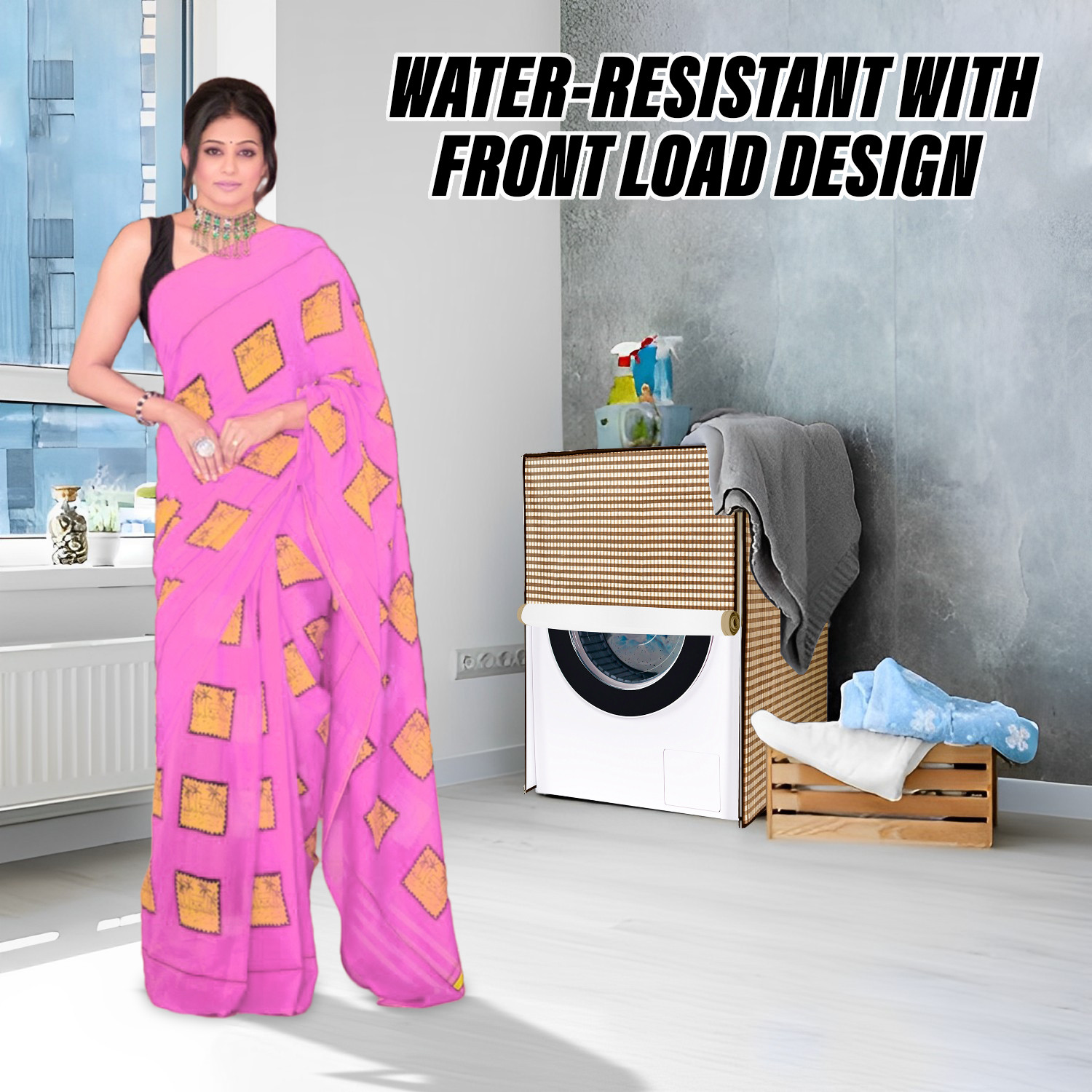 Kuber Industries Washing Machine Cover | Mini Check Print Washing Machine Cover | Soft PVC | Front Load Washing Machine Cover | Brown