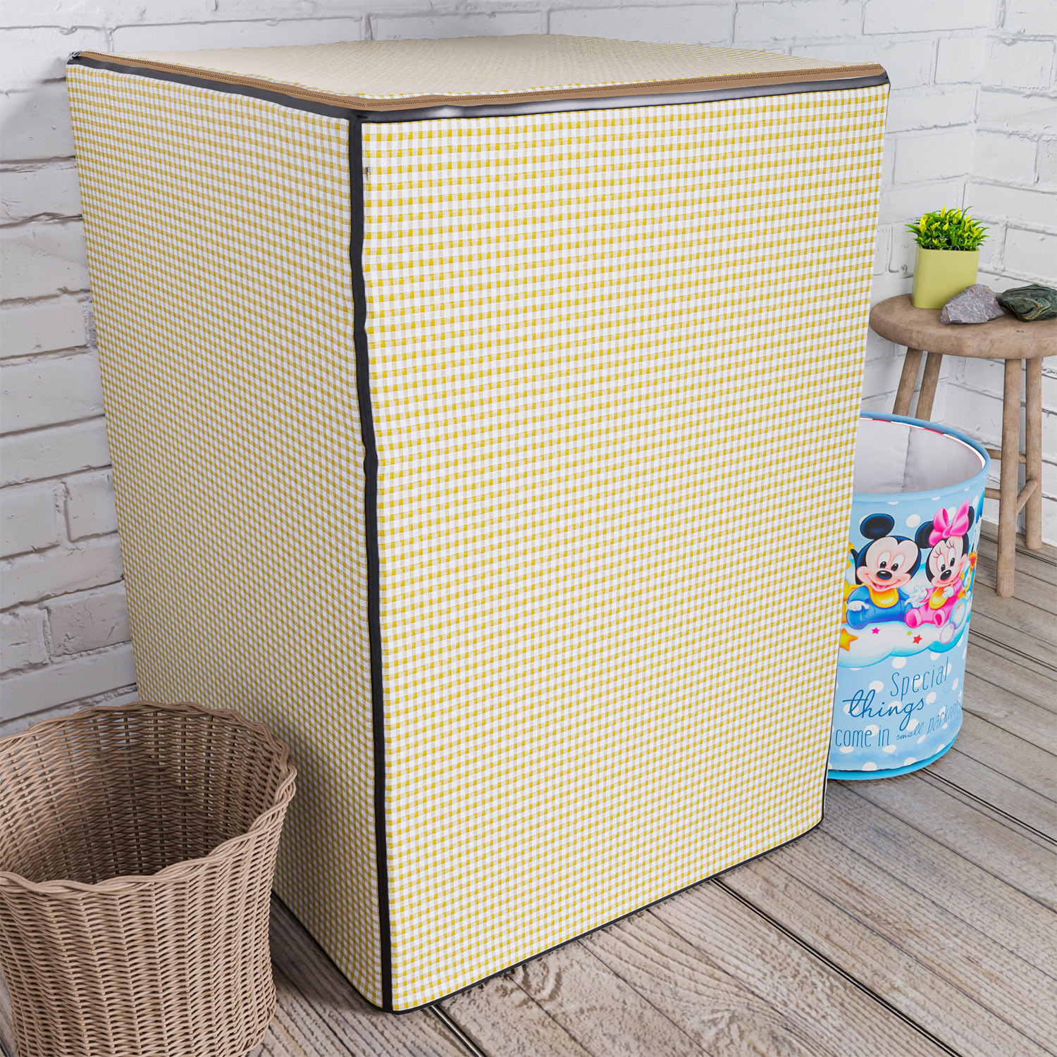 Kuber Industries Washing Machine Cover | Mini Check Print Washing Machine Cover | Soft PVC | Top Load Fully-Automatic Washing Machine Cover | Golden