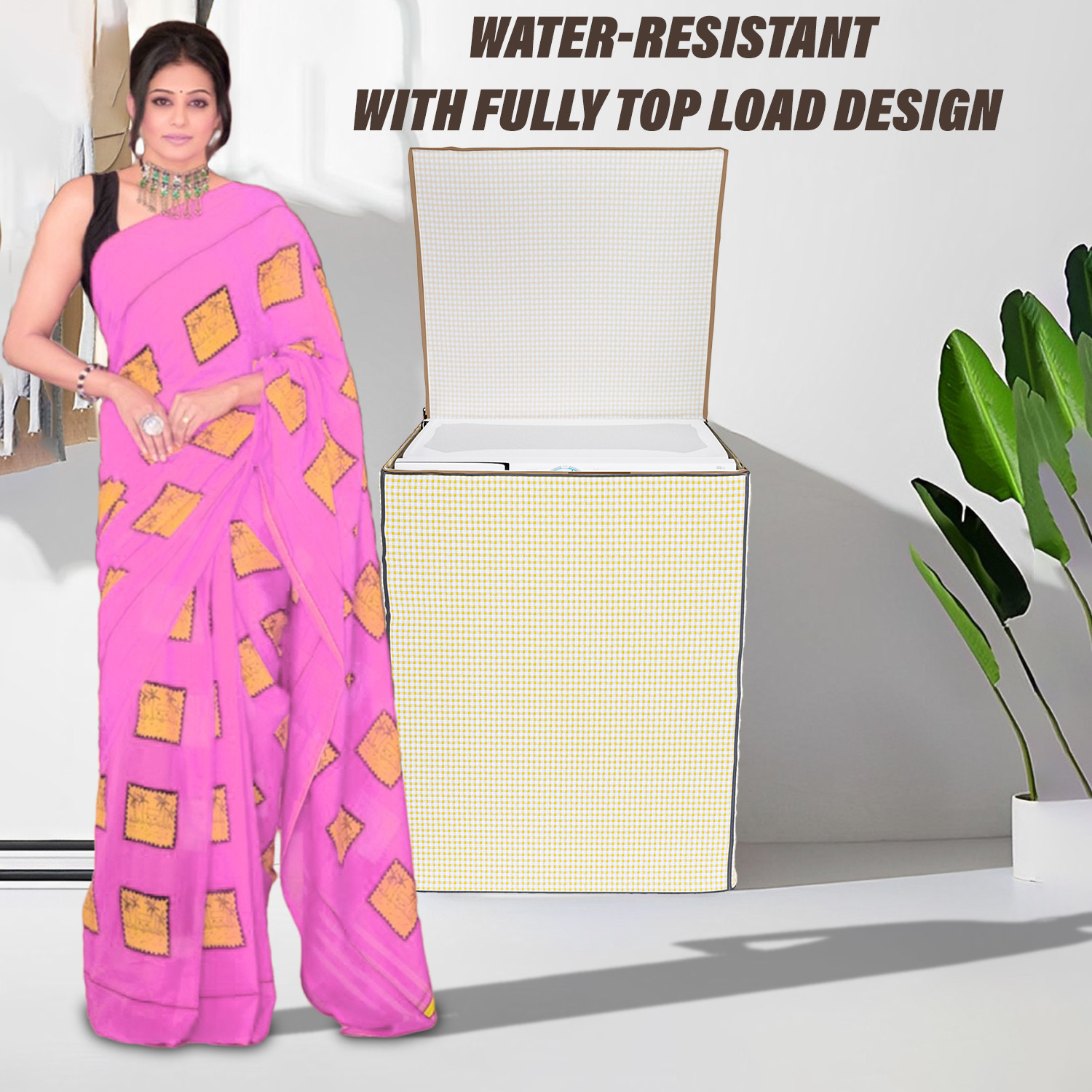 Kuber Industries Washing Machine Cover | Mini Check Print Washing Machine Cover | Soft PVC | Top Load Fully-Automatic Washing Machine Cover | Golden