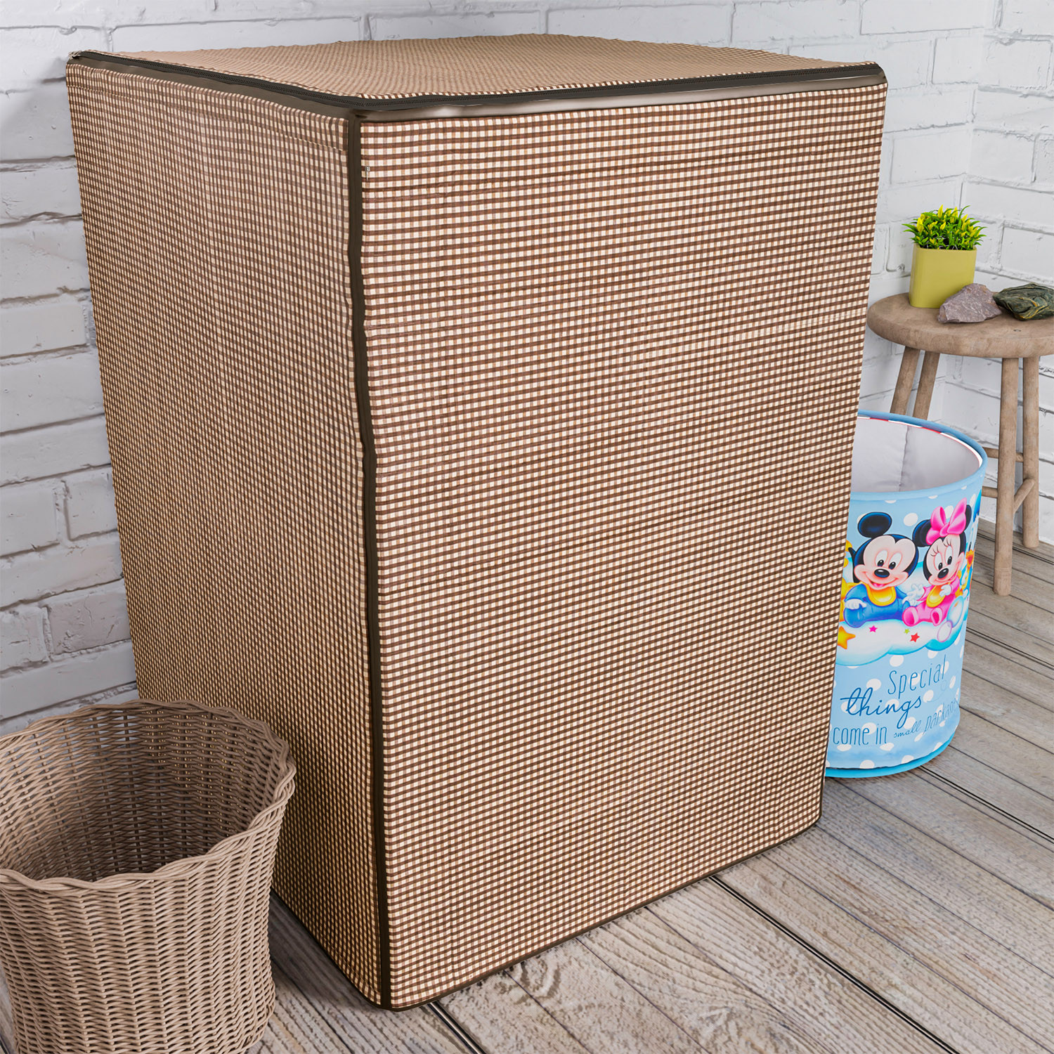 Kuber Industries Washing Machine Cover | Mini Check Print Washing Machine Cover | Soft PVC | Top Load Fully-Automatic Washing Machine Cover | Brown