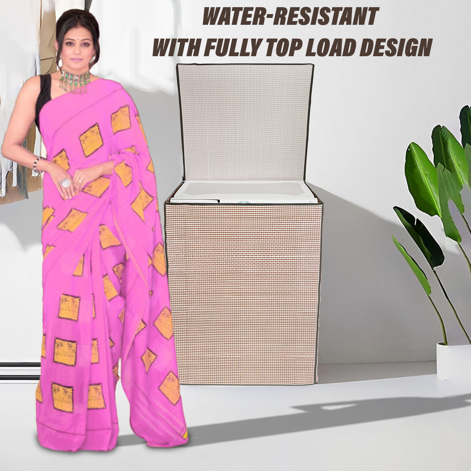 Kuber Industries Washing Machine Cover | Mini Check Print Washing Machine Cover | Soft PVC | Top Load Fully-Automatic Washing Machine Cover | Brown