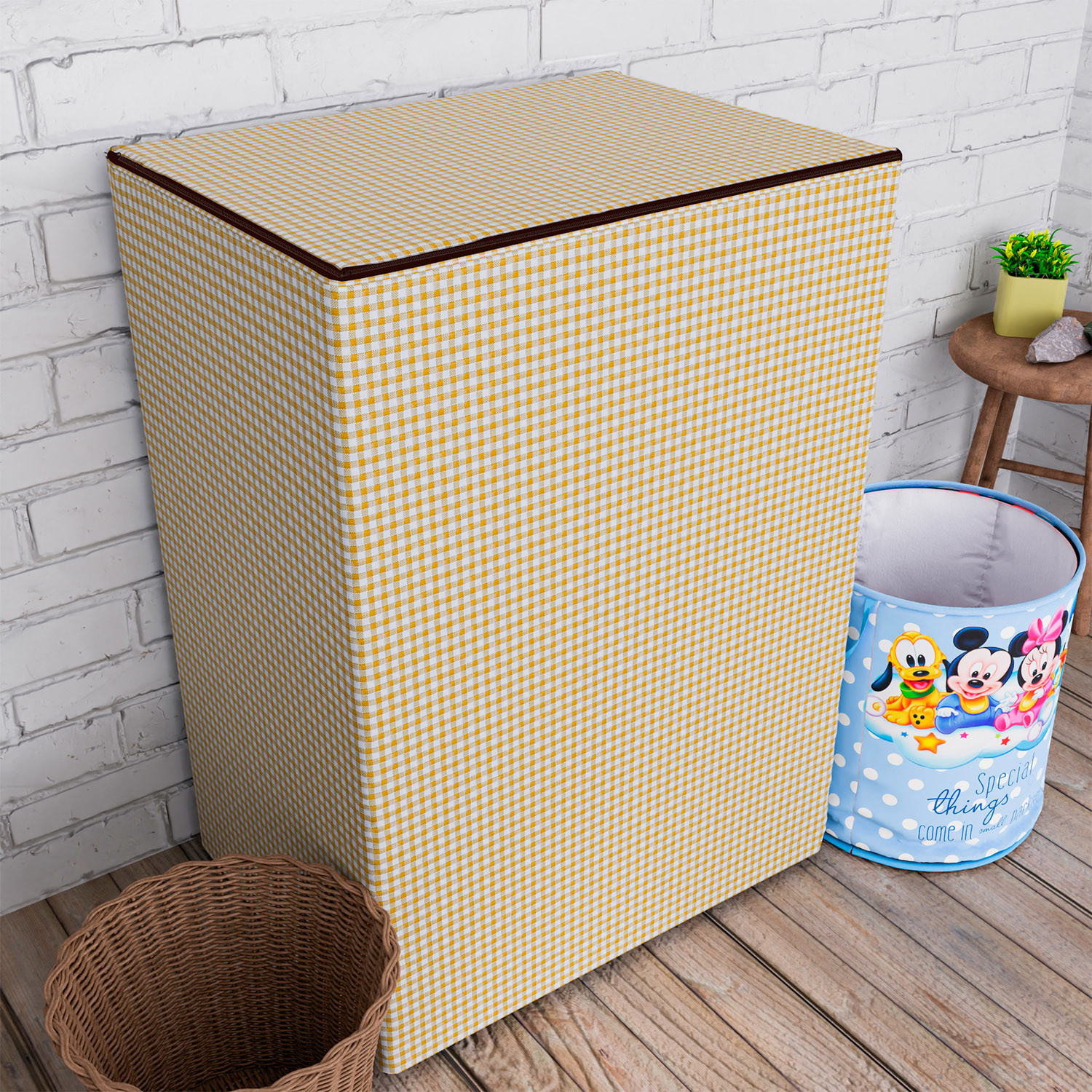 Kuber Industries Washing Machine Cover | Mini Check Print Washing Machine Cover | Soft PVC | Top Load Semi-Automatic Washing Machine Cover | Golden