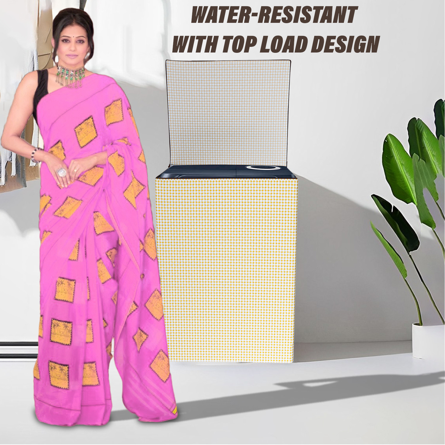Kuber Industries Washing Machine Cover | Mini Check Print Washing Machine Cover | Soft PVC | Top Load Semi-Automatic Washing Machine Cover | Golden