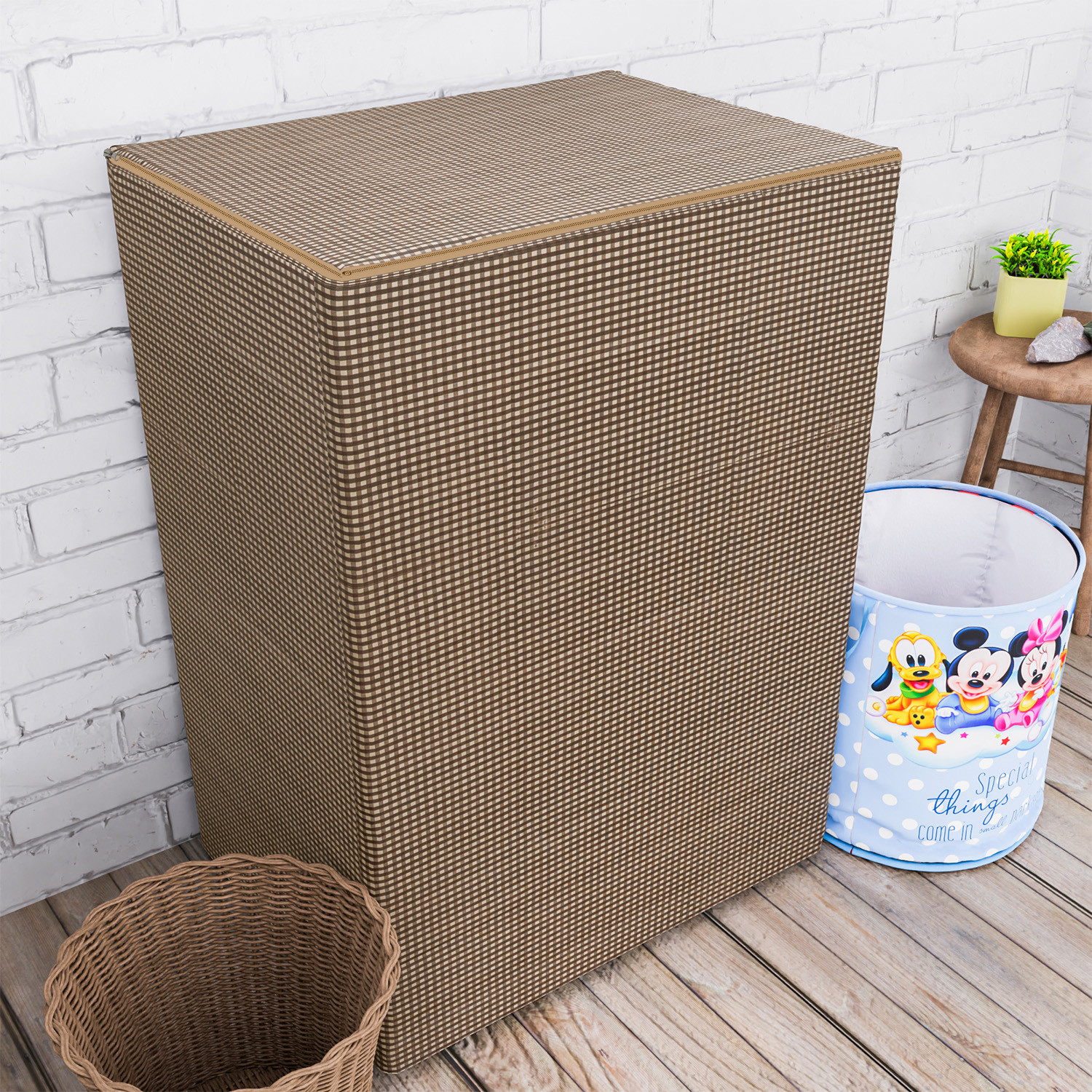 Kuber Industries Washing Machine Cover | Mini Check Print Washing Machine Cover | Soft PVC | Top Load Semi-Automatic Washing Machine Cover | Brown