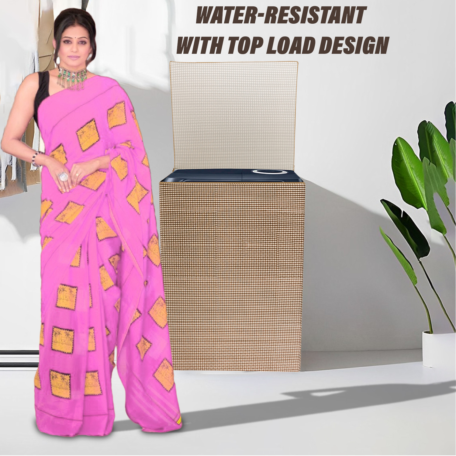 Kuber Industries Washing Machine Cover | Mini Check Print Washing Machine Cover | Soft PVC | Top Load Semi-Automatic Washing Machine Cover | Brown