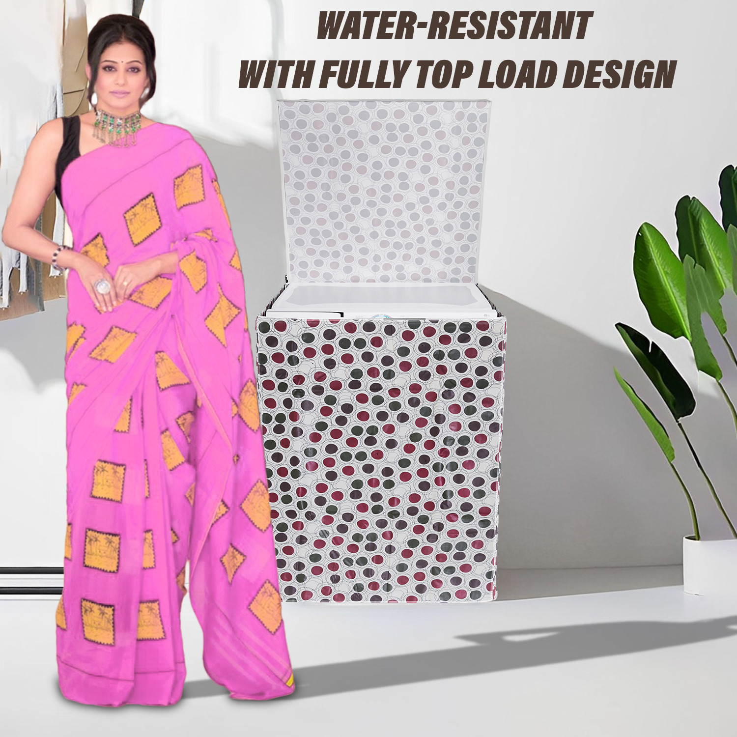 Kuber Industries Washing Machine Cover | Multi Dot Print Washing Machine Cover | PVC Top Load Fully-Automatic Washing Machine Cover | Cream