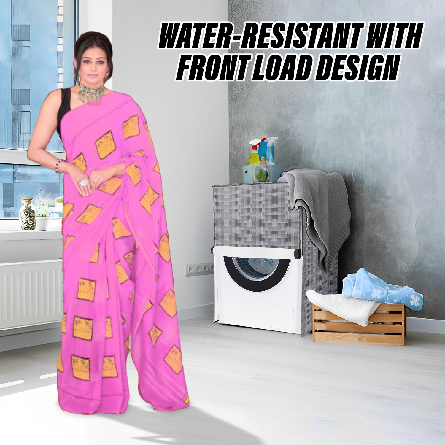 Kuber Industries Washing Machine Cover  Shelf Check Washing Machine Cover  Soft PVC  Front Load Washing Machine Cover  Gray