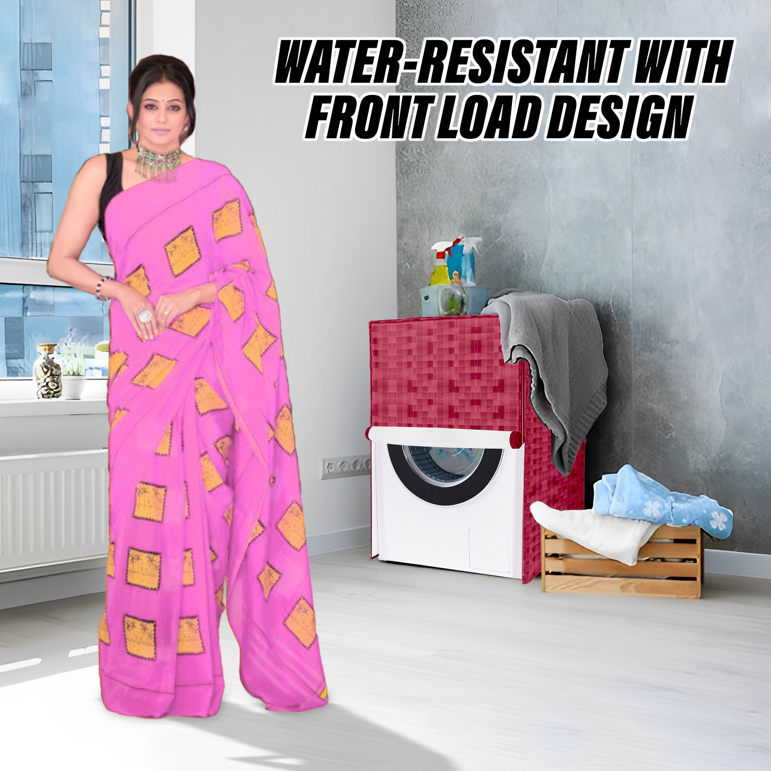 Kuber Industries Washing Machine Cover | Shelf Check Washing Machine Cover | Soft PVC | Front Load Washing Machine Cover | Maroon