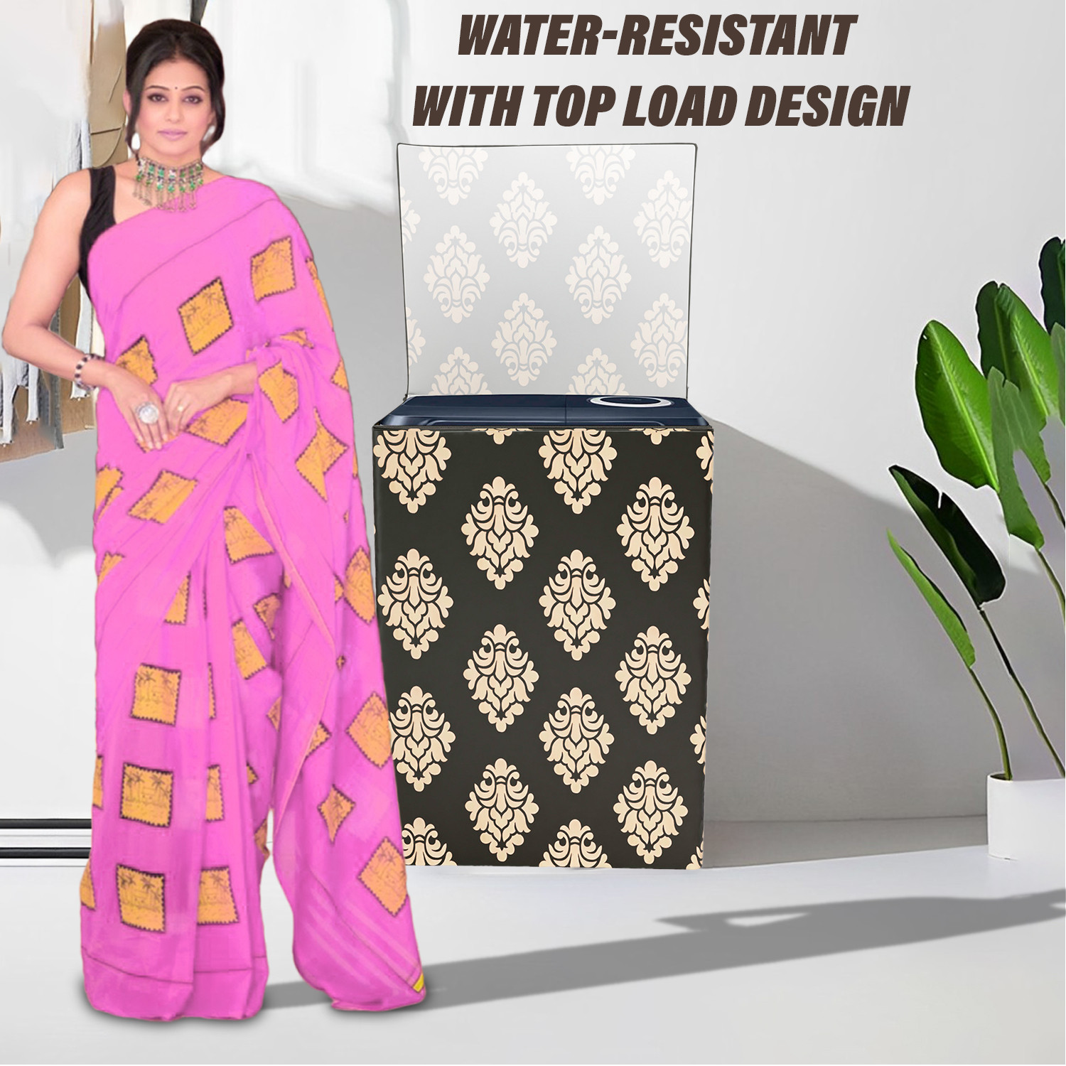 Kuber Industries Washing Machine Cover | Square Design Washing Machine Cover | Knitting Polyester | Top Load Semi-Automatic Washing Machine Cover | Brown