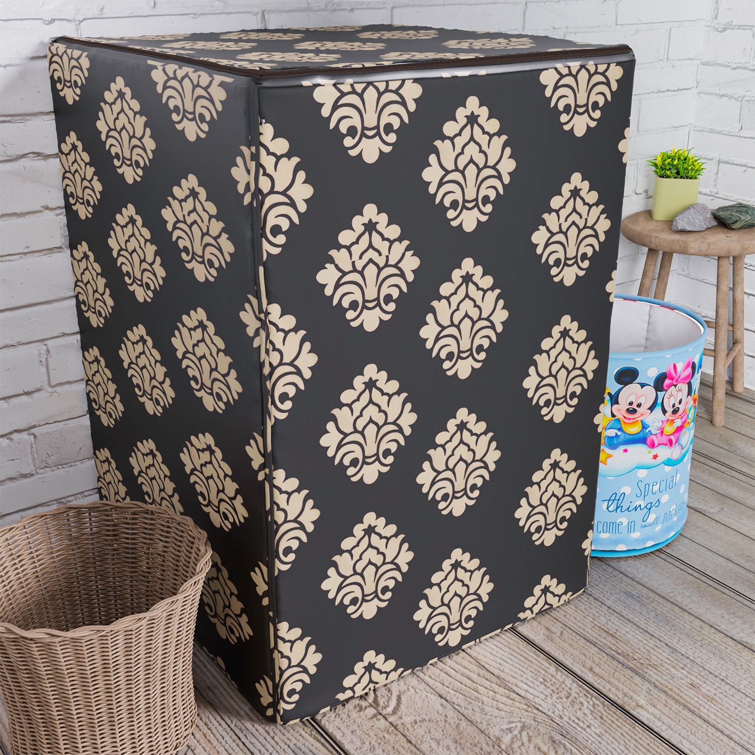 Kuber Industries Washing Machine Cover | Square Design Washing Machine Cover | Knitting Polyester | Top Load Fully-Automatic Washing Machine Cover | Brown