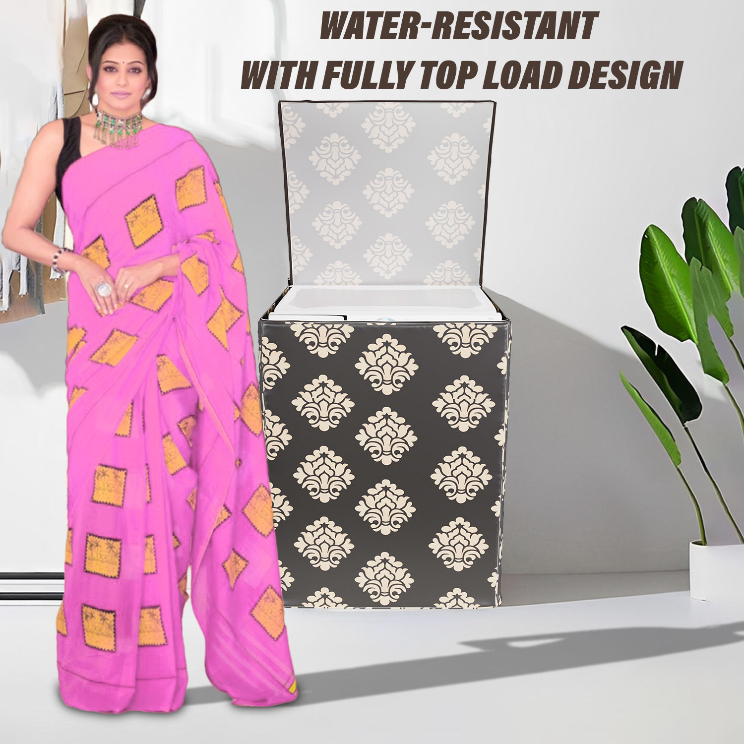 Kuber Industries Washing Machine Cover | Square Design Washing Machine Cover | Knitting Polyester | Top Load Fully-Automatic Washing Machine Cover | Brown