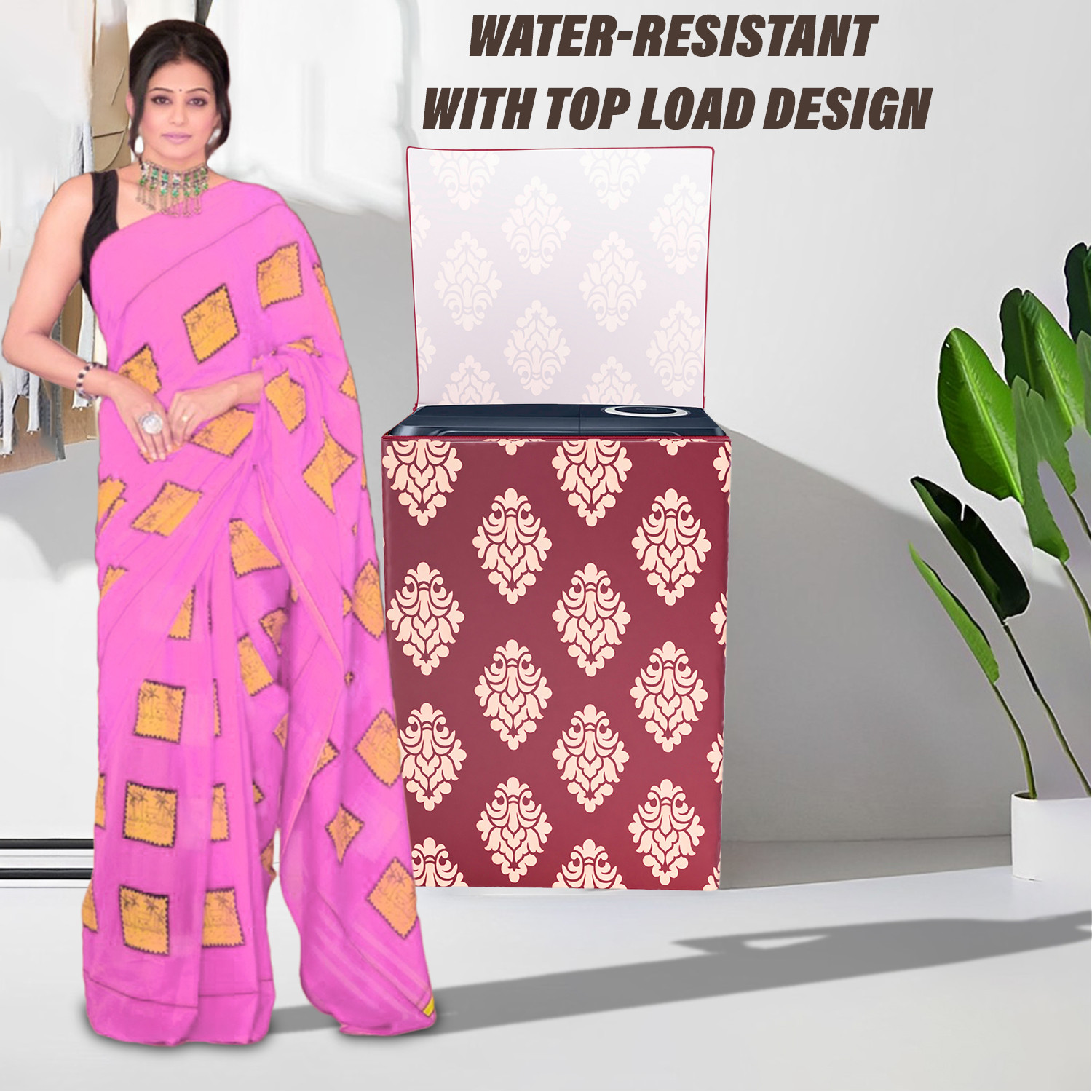 Kuber Industries Washing Machine Cover | Square Design Washing Machine Cover | Knitting Polyester | Top Load Semi-Automatic Washing Machine Cover | Maroon