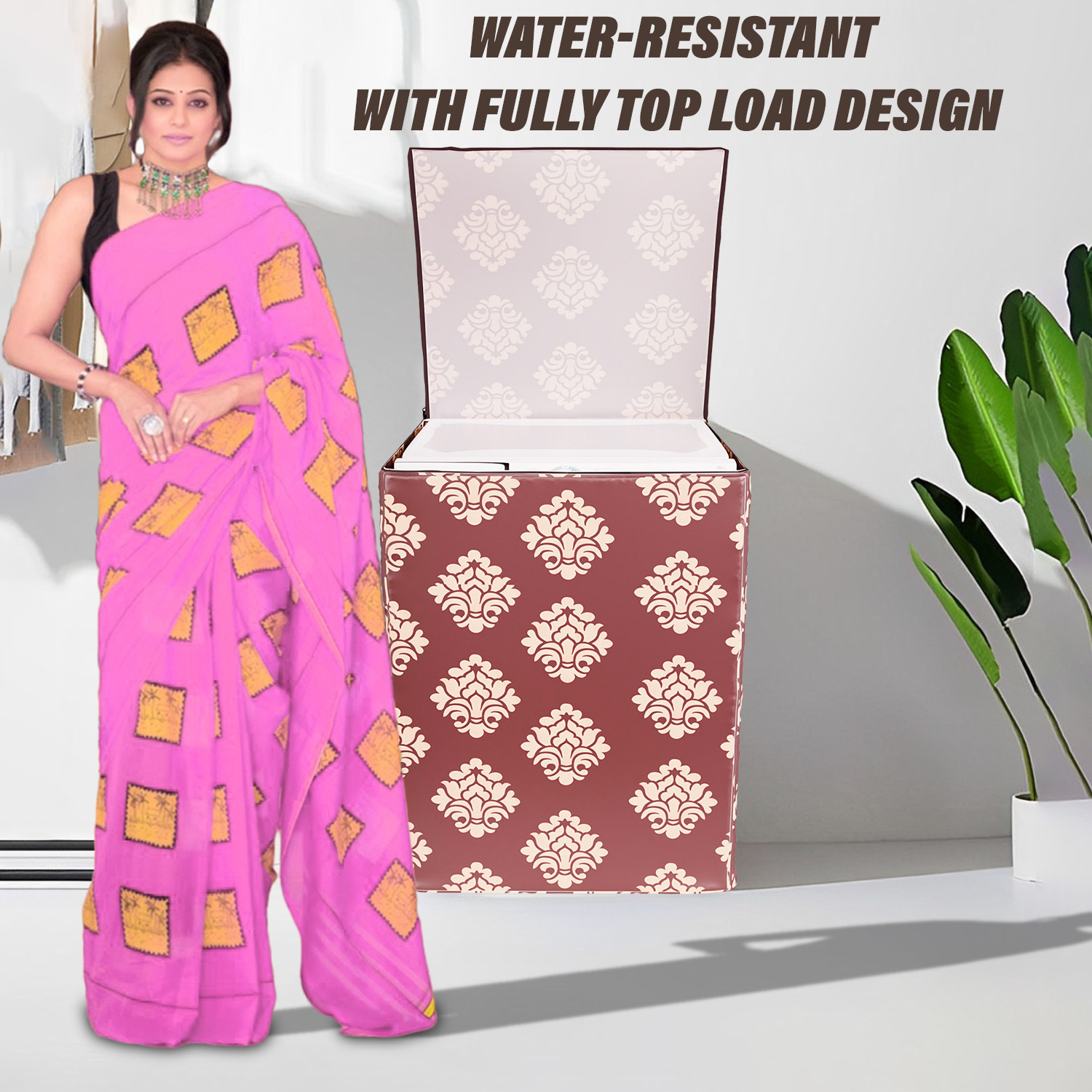Kuber Industries Washing Machine Cover | Square Design Washing Machine Cover | Knitting Polyester | Top Load Fully-Automatic Washing Machine Cover | Maroon